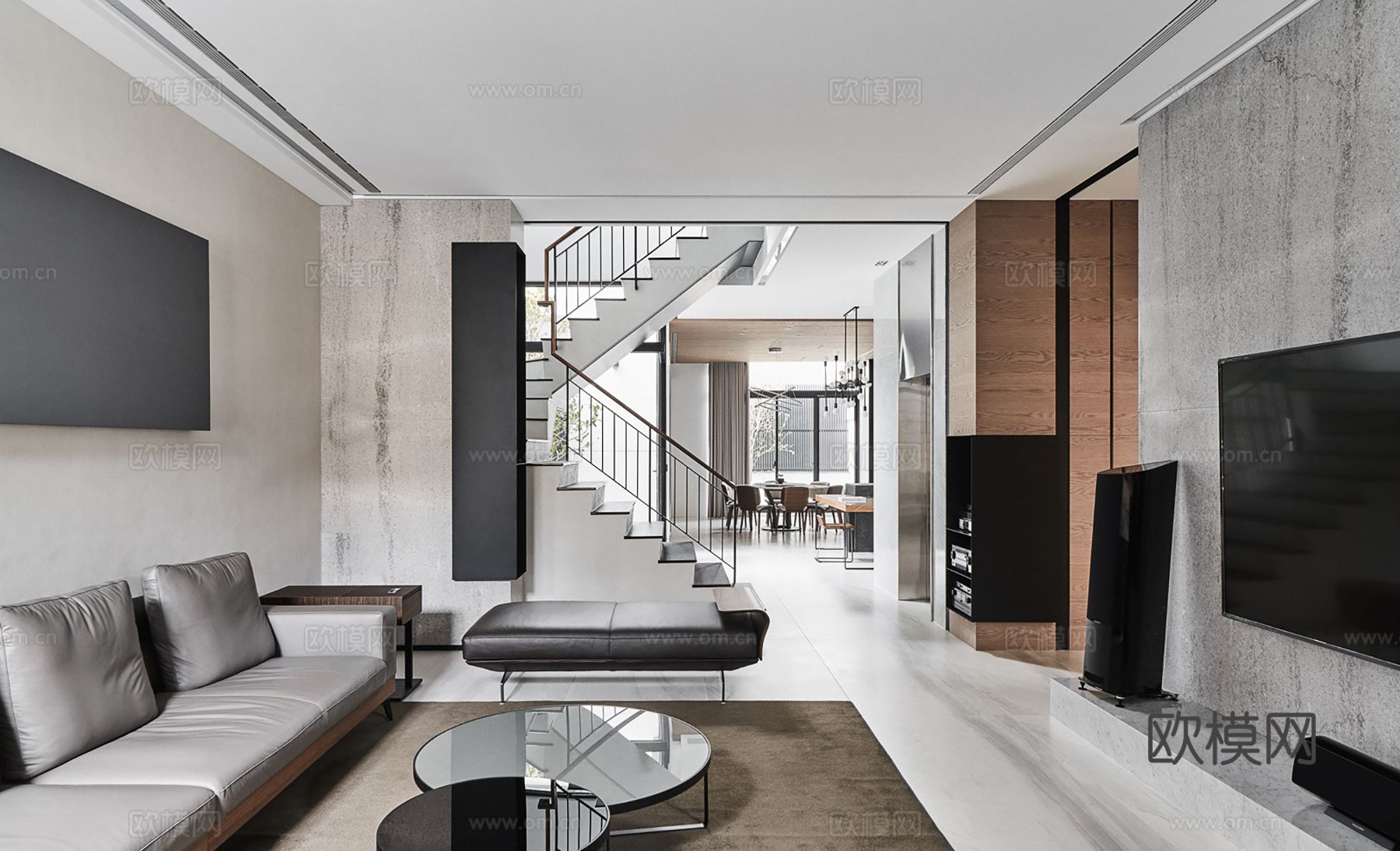 现代极简复式公寓家装设计 餐厅 卧室 客厅 高级灰效果图下载（渲染图1）