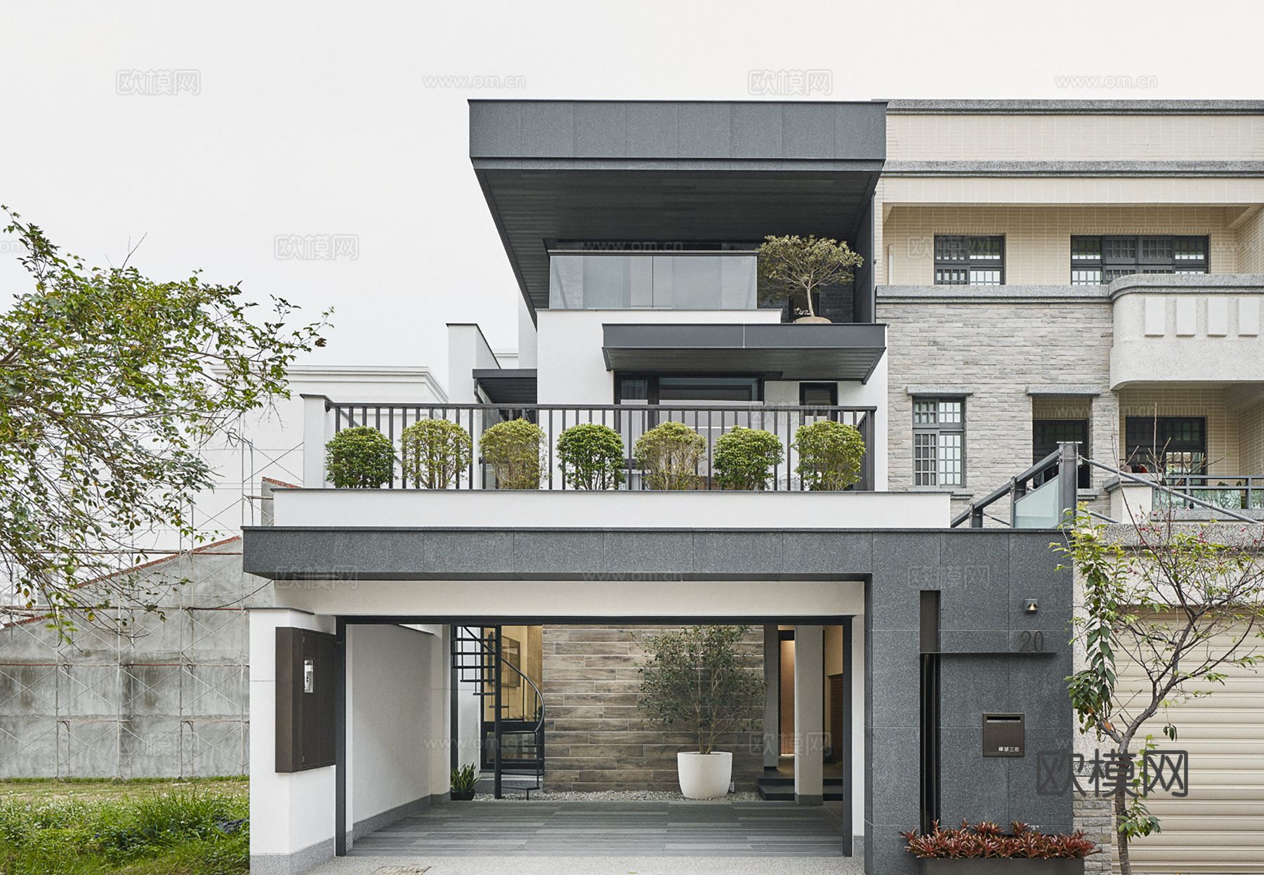 现代极简复式公寓家装设计 餐厅 卧室 客厅 高级灰效果图下载（渲染图9）