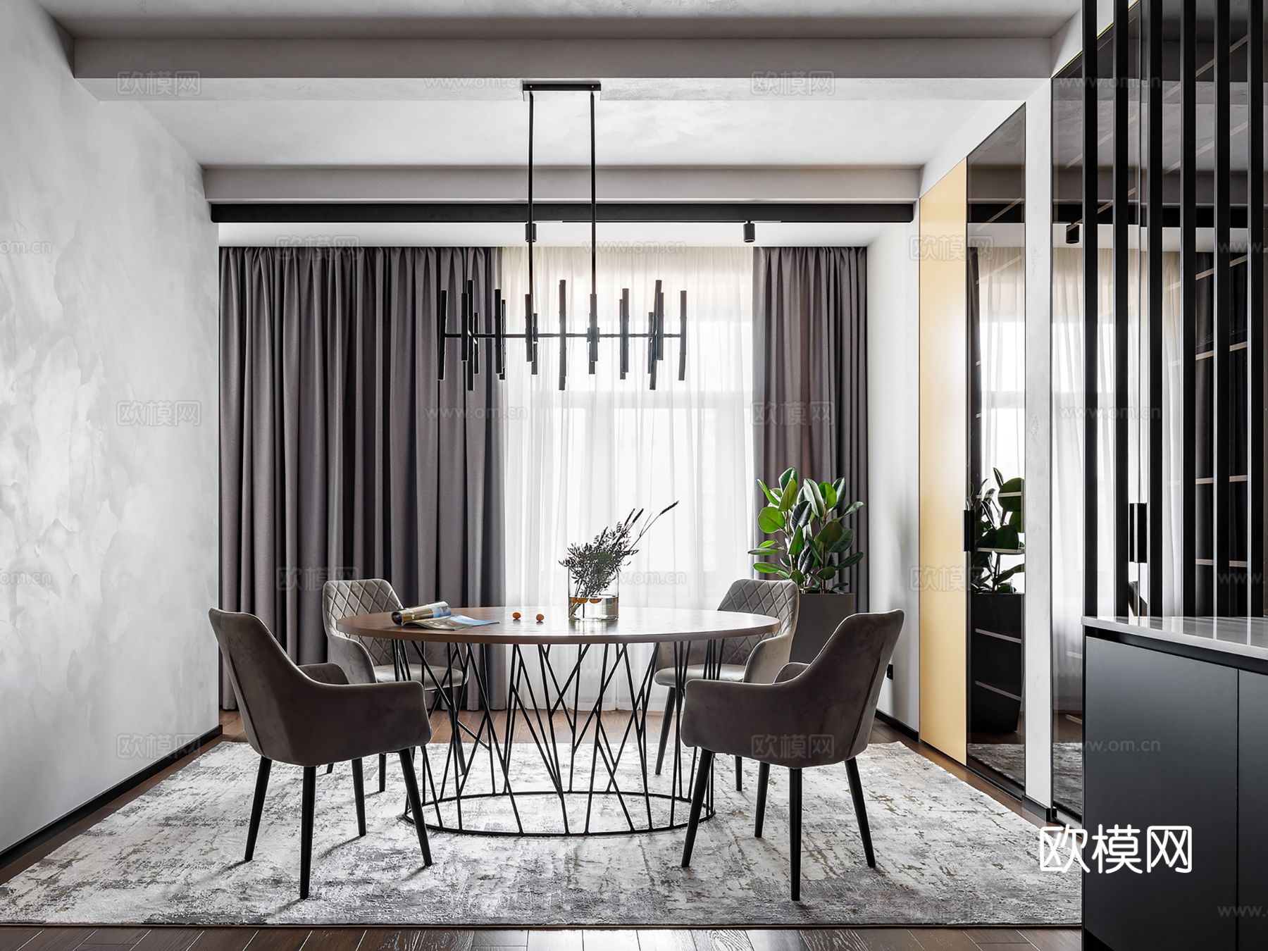 现代极简大平层家装设计 餐厅 卧室 客厅 高级灰效果图下载（渲染图3）