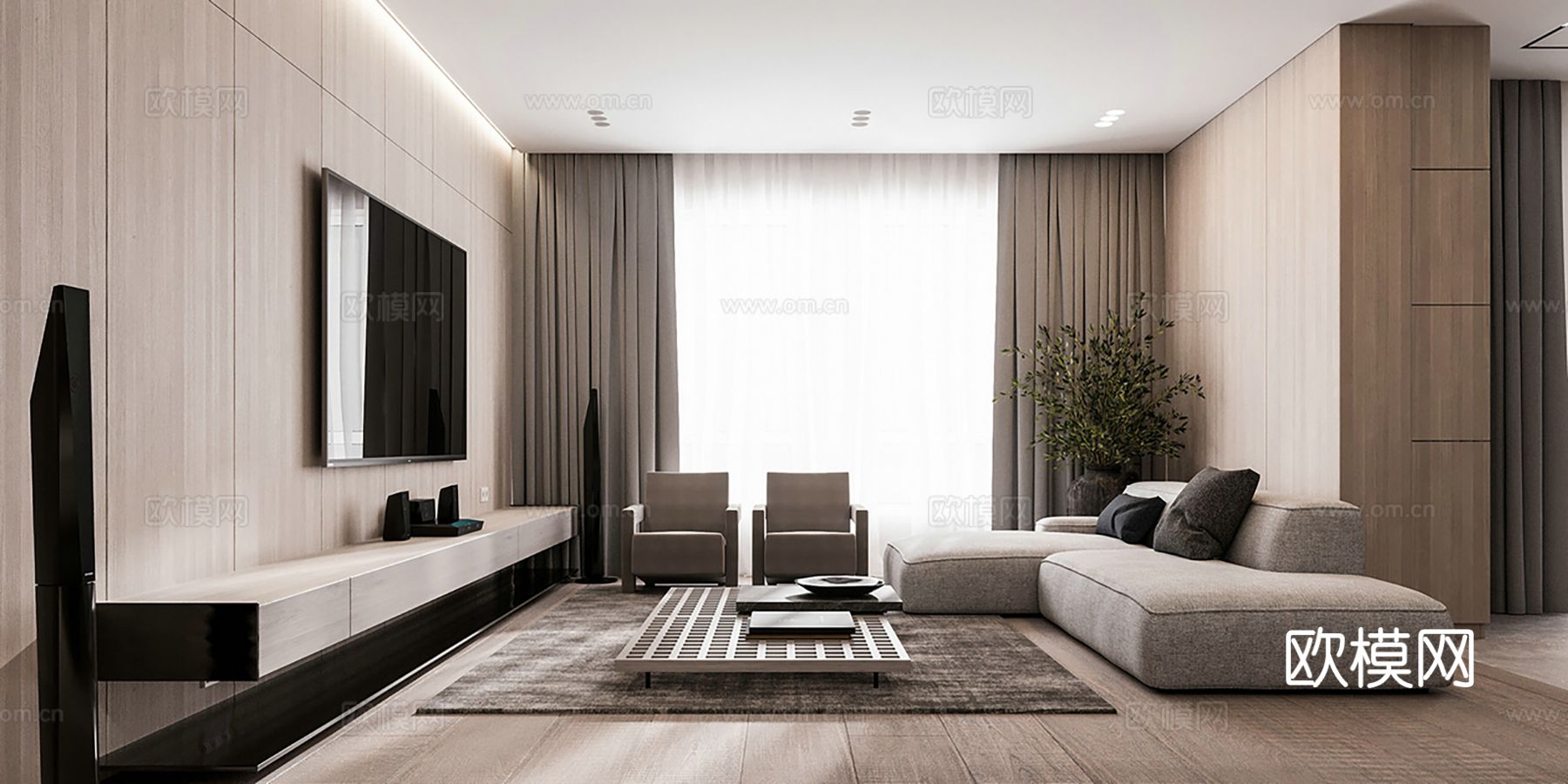 现代极简大平层家装设计 餐厅 卧室 客厅 高级灰效果图下载（渲染图1）