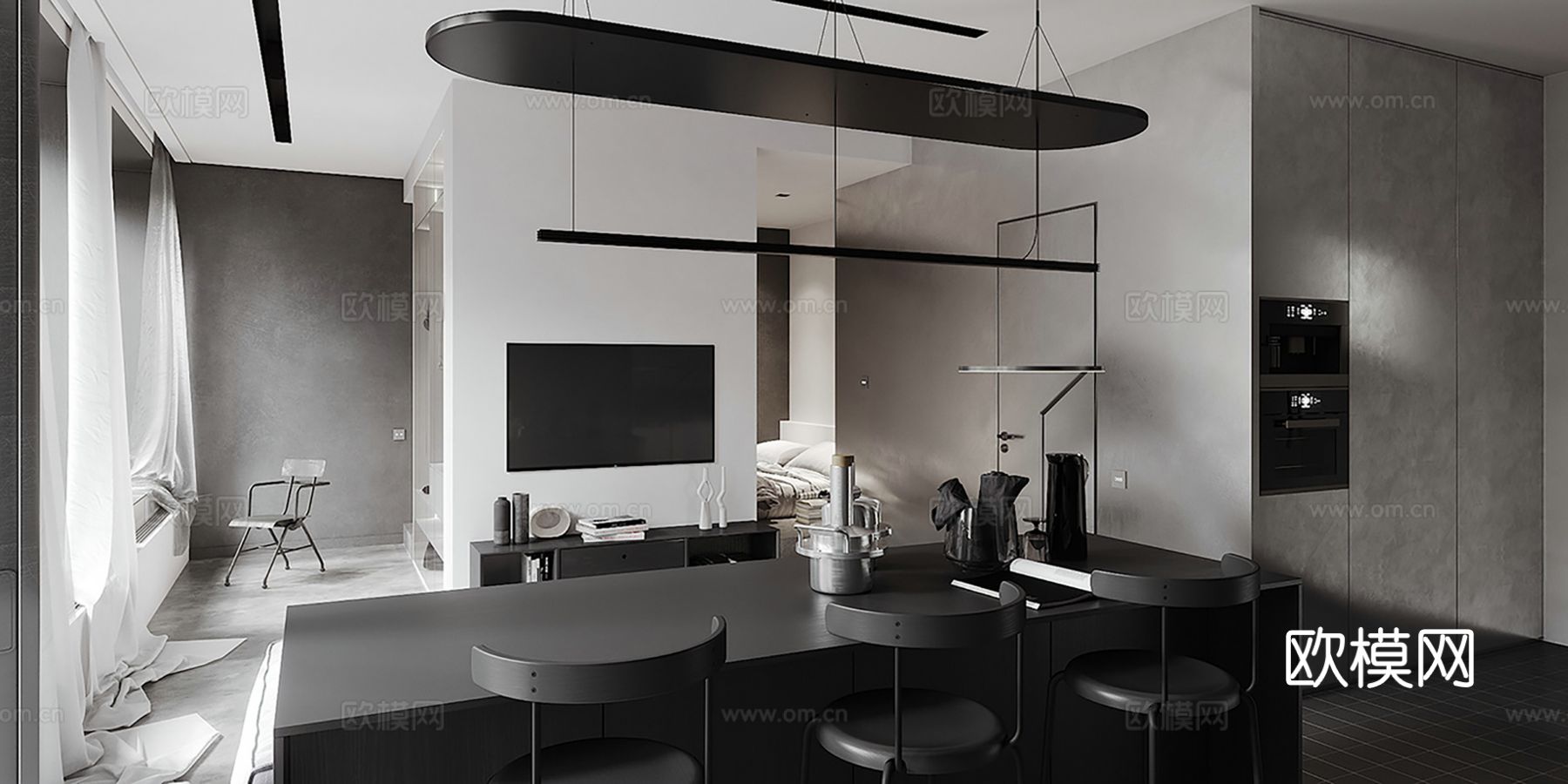 现代极简大平层家装设计 餐厅 卧室 客厅 高级灰效果图下载（渲染图2）
