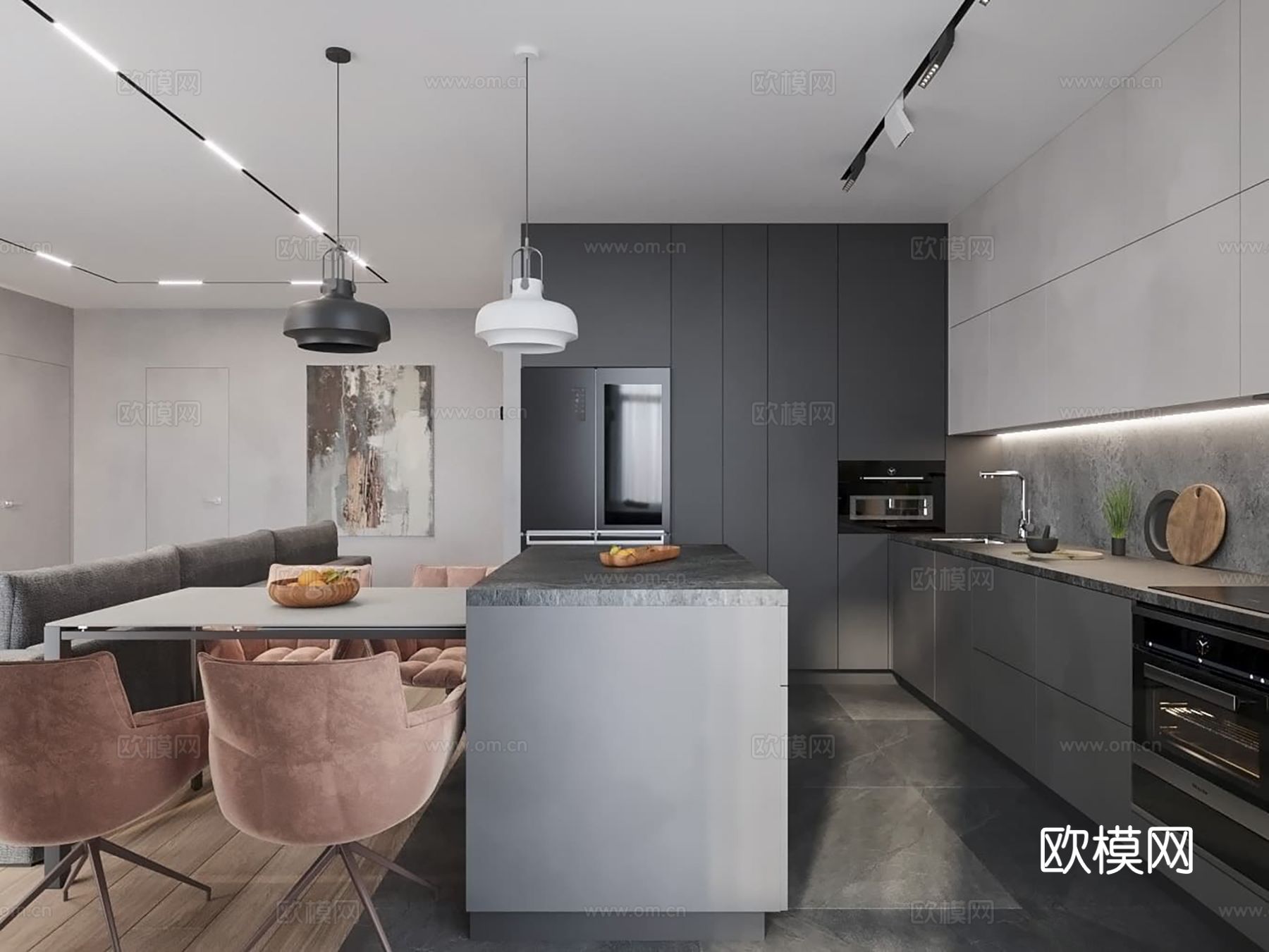 现代极简大平层家装设计 餐厅 卧室 客厅 高级灰效果图下载（渲染图4）