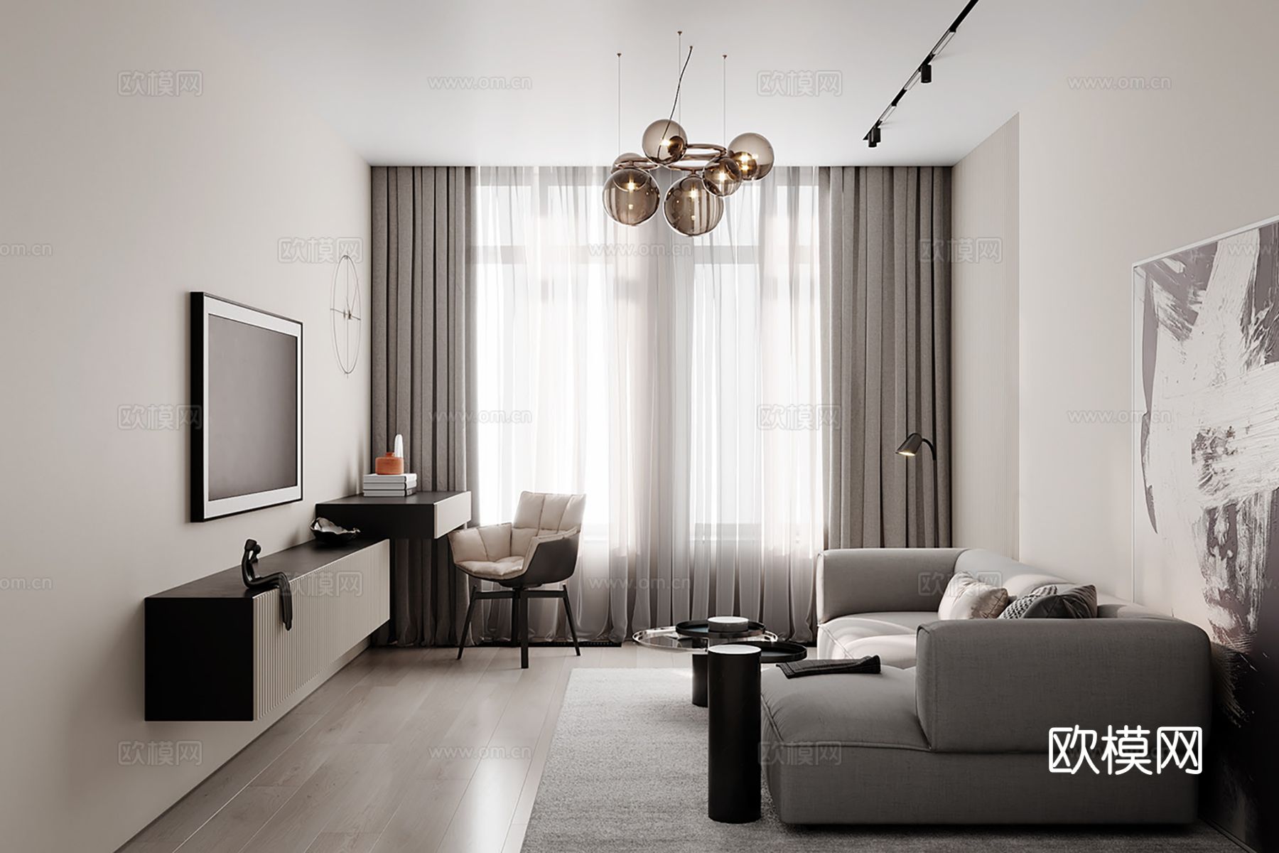 现代极简大平层家装设计 餐厅 卧室 客厅 高级灰效果图下载（渲染图1）