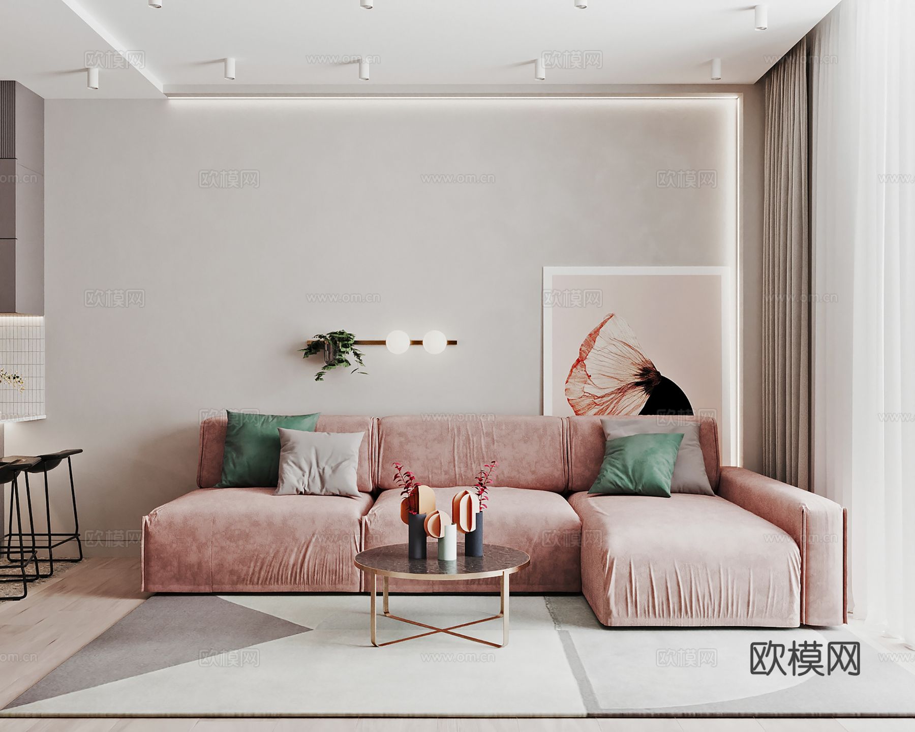 现代极简大平层家装设计 餐厅 卧室 客厅 糖果色奶油风效果图下载（渲染图4）