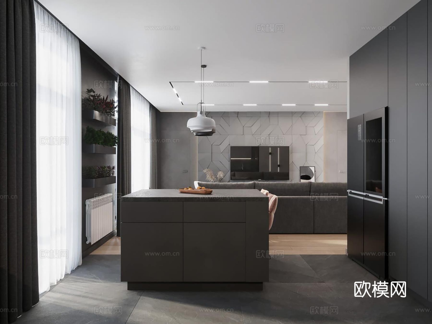 现代极简大平层家装设计 餐厅 卧室 客厅 高级灰效果图下载（渲染图3）