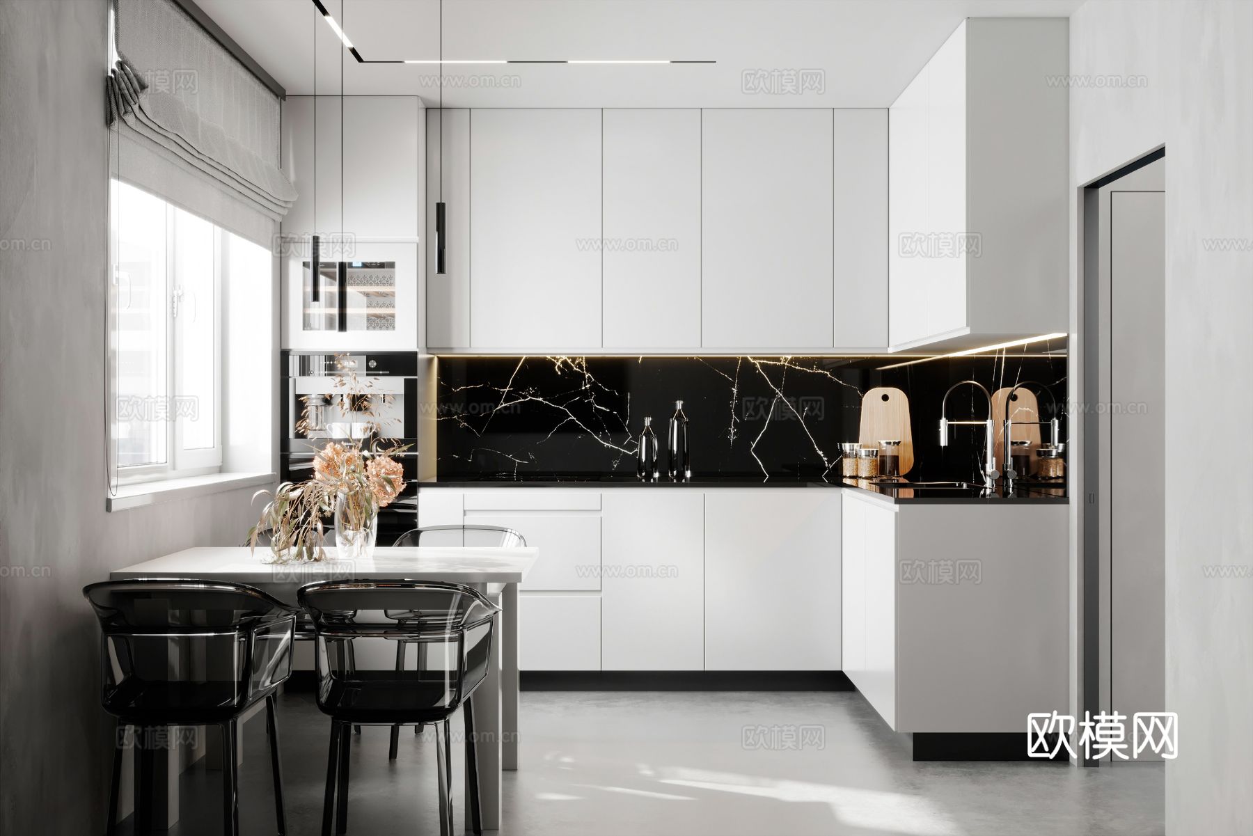 现代极简大平层家装设计卧室客厅 餐厅 黑白灰 工业风效果图下载（渲染图2）