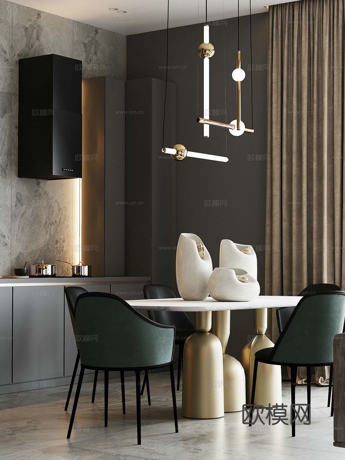 现代极简大平层家装设计 餐厅 卧室 客厅 高级灰效果图效果图下载（渲染图3）