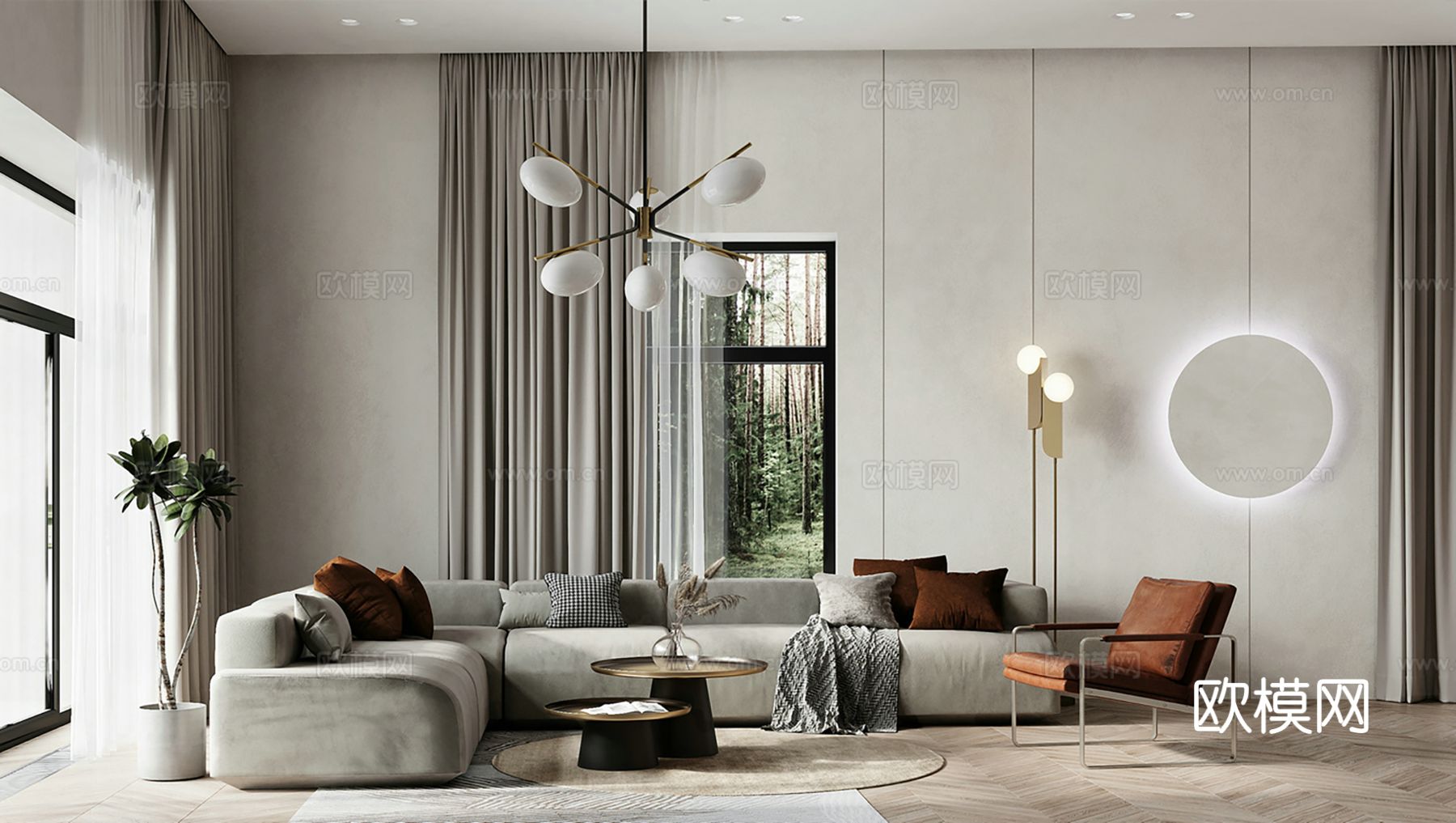 现代极简大平层家装设计 餐厅 卧室 客厅 高级灰效果图下载（渲染图1）