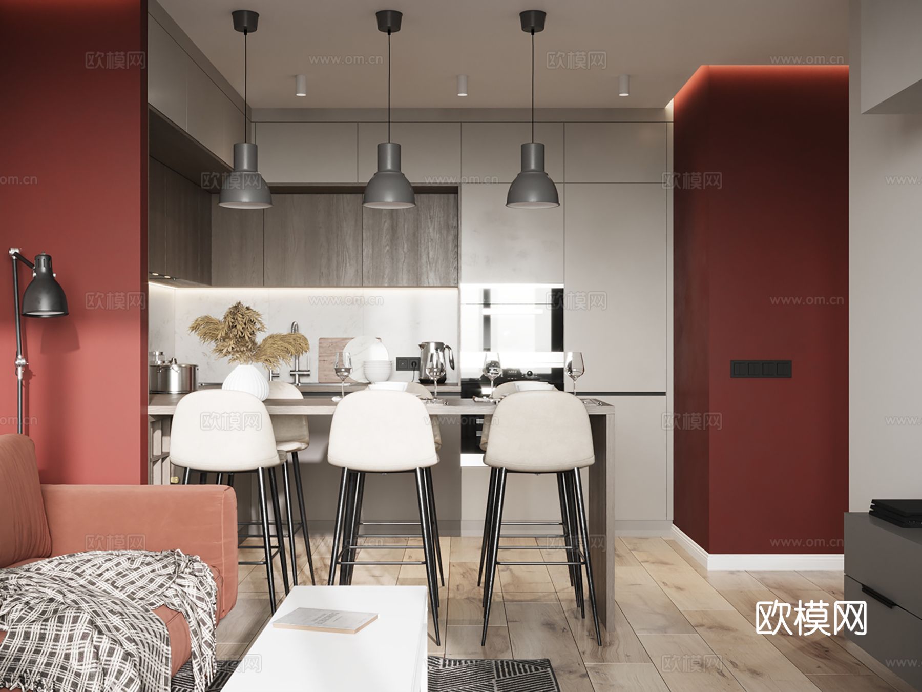 现代极简大平层家装设计 餐厅 卧室 客厅 高级灰效果图下载（渲染图1）