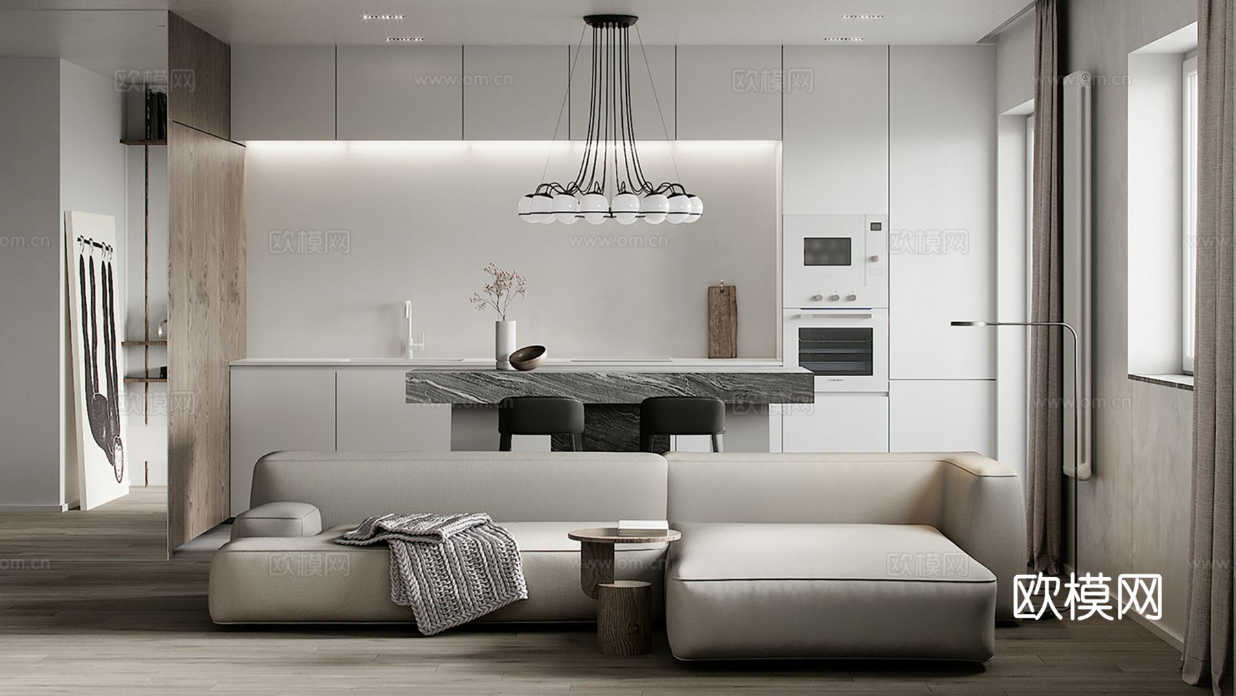 现代极简大平层家装设计 餐厅 卧室 客厅 高级灰效果图下载（渲染图1）