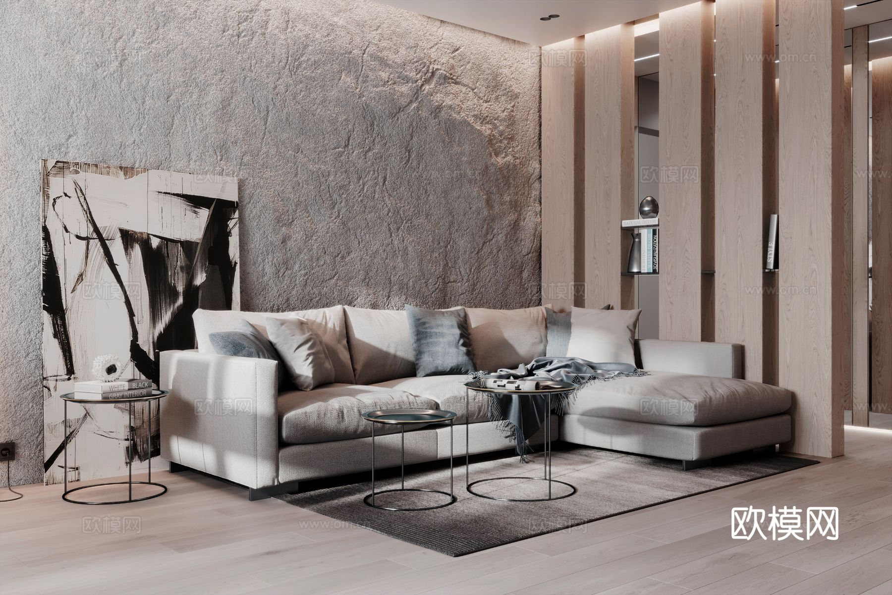 现代极简大平层家装设计卧室客厅 餐厅 黑白灰 工业风效果图下载（渲染图1）