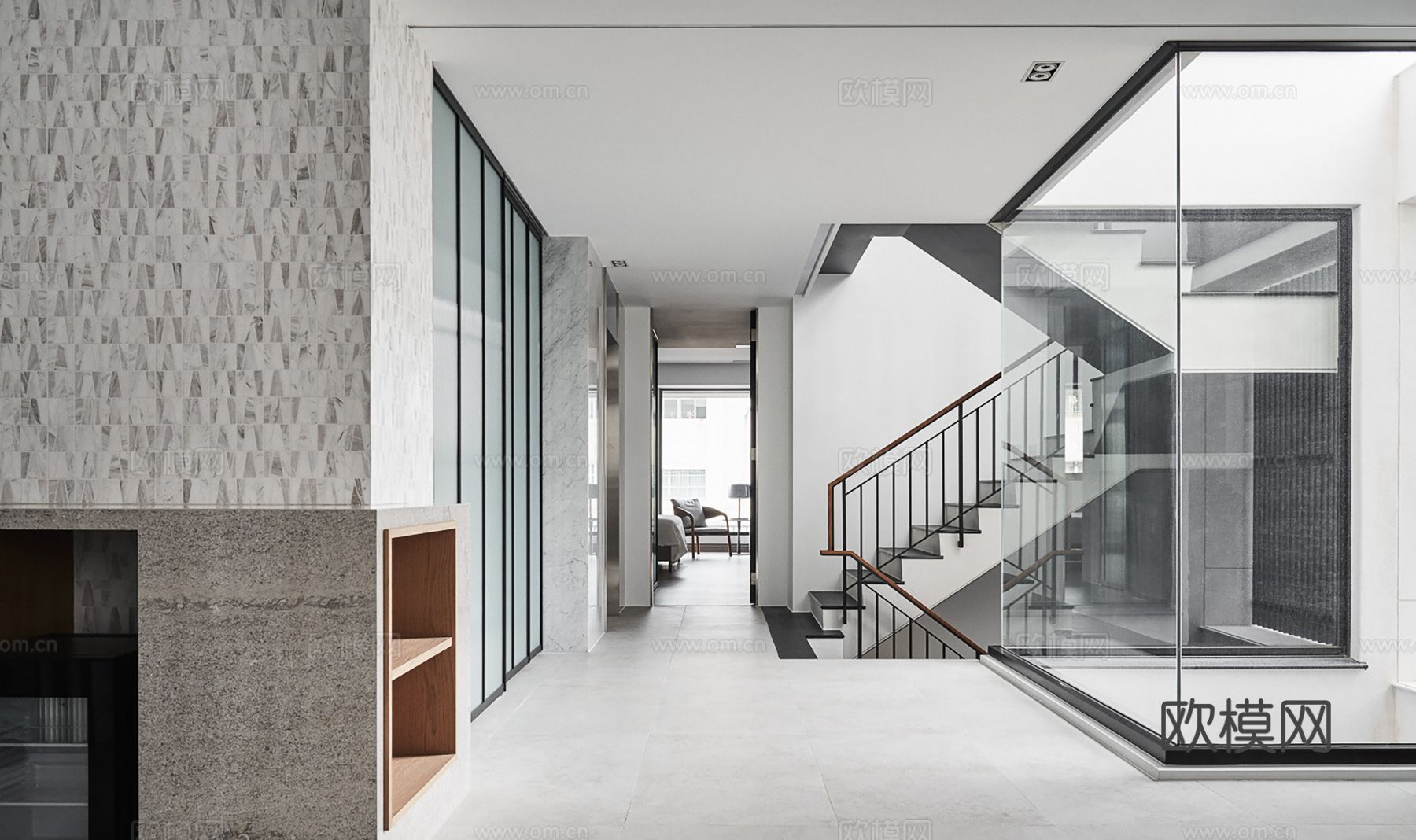 现代极简复式公寓家装设计 餐厅 卧室 客厅 高级灰效果图下载（渲染图4）