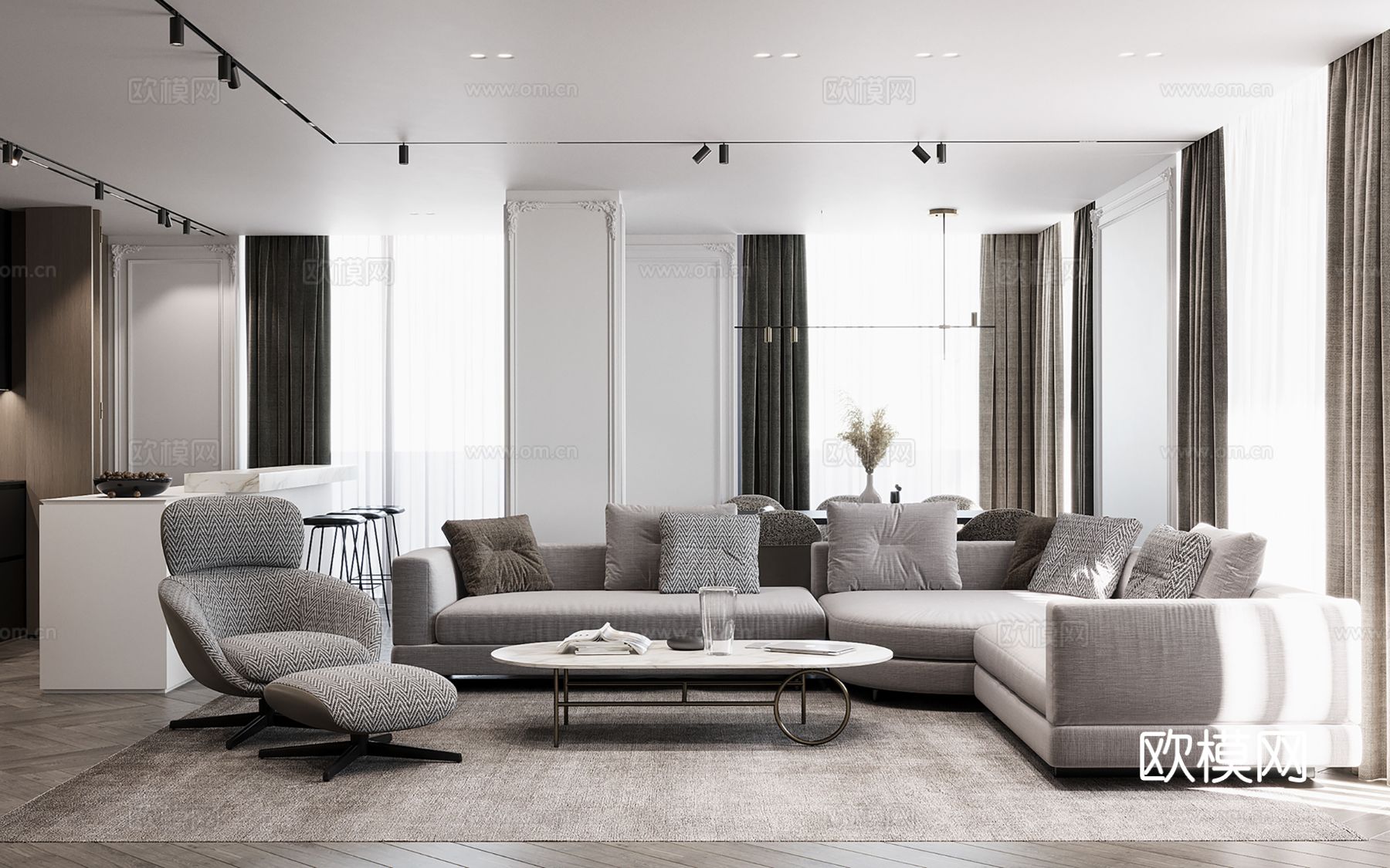 现代极简大平层家装设计 餐厅 卧室 客厅 高级灰效果图下载（渲染图1）