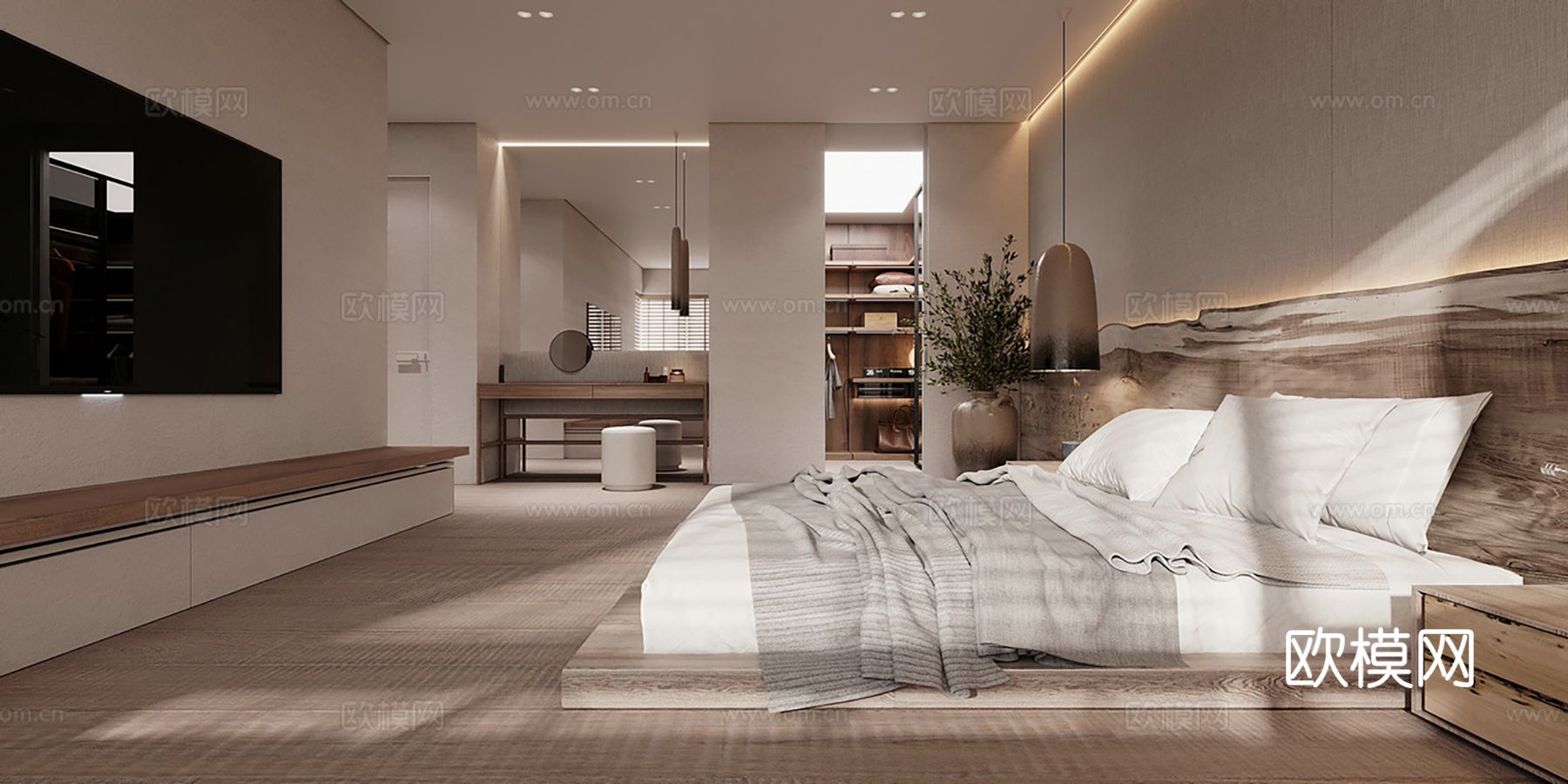 现代极简大平层家装设计 餐厅 卧室 客厅 高级灰效果图下载（渲染图2）