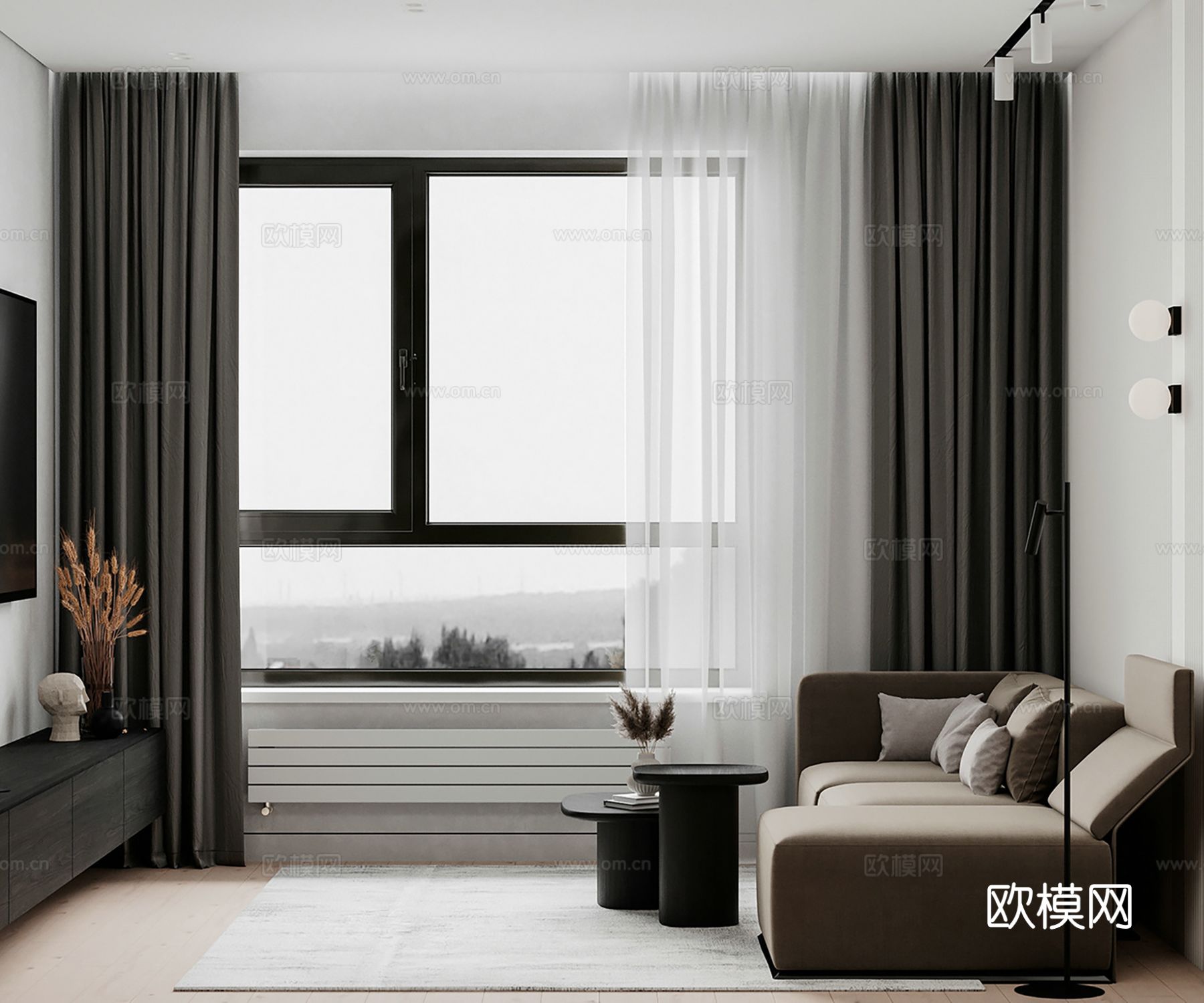 现代极简大平层家装设计 餐厅 卧室 客厅 高级灰效果图下载（渲染图4）