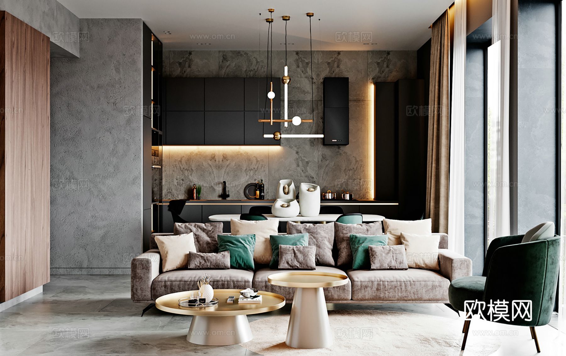 现代极简大平层家装设计 餐厅 卧室 客厅 高级灰效果图效果图下载（渲染图1）