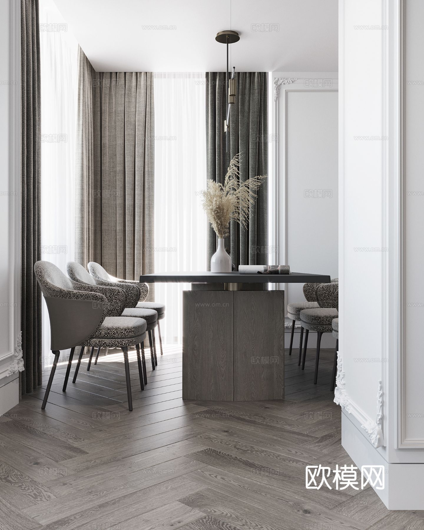 现代极简大平层家装设计 餐厅 卧室 客厅 高级灰效果图下载（渲染图4）