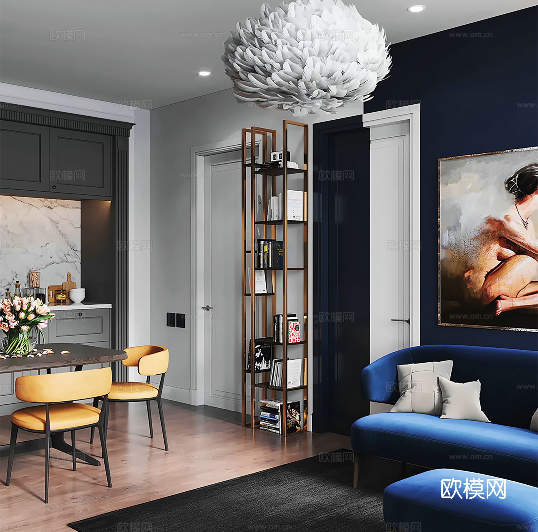 现代极简大平层家装设计 餐厅 卧室 客厅 高级灰效果图下载（渲染图2）