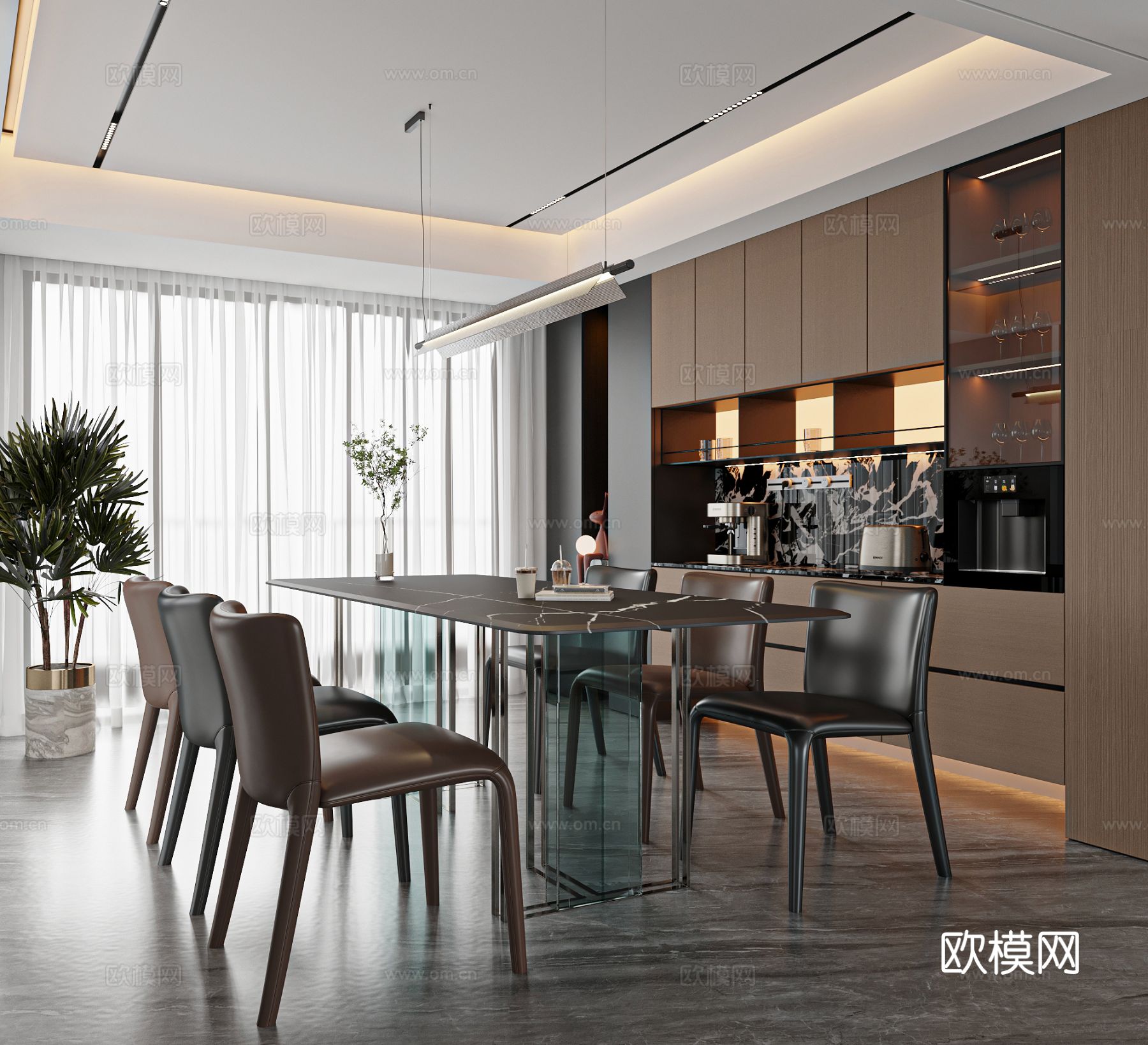 现代意式餐厅 餐桌椅 餐边柜3d模型
