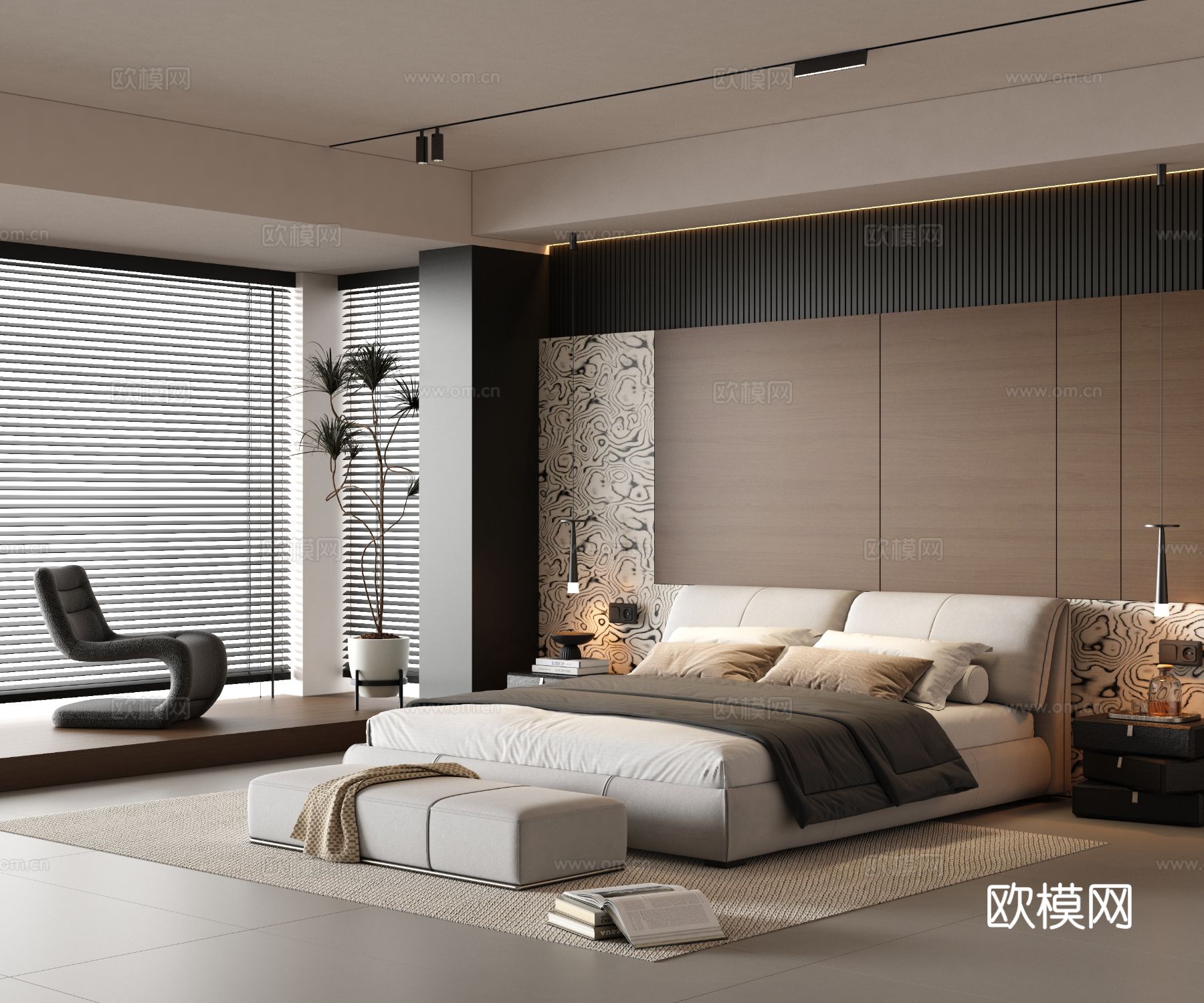 意式简约主卧  飘窗卧室  现代简约卧室3d模型