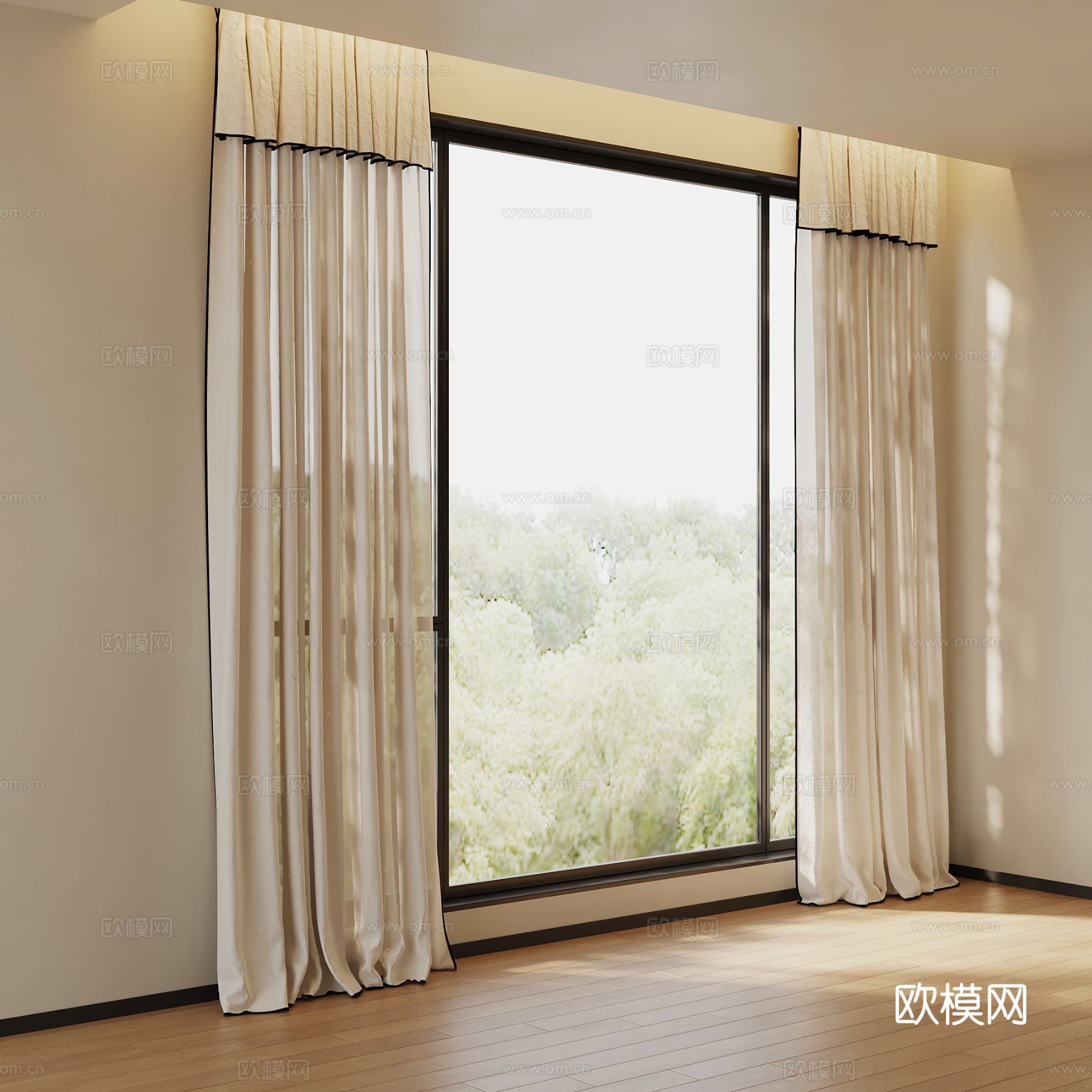 亚麻窗帘 奶油色棉麻窗帘 复古名宿纱帘 半遮光窗帘3d模型