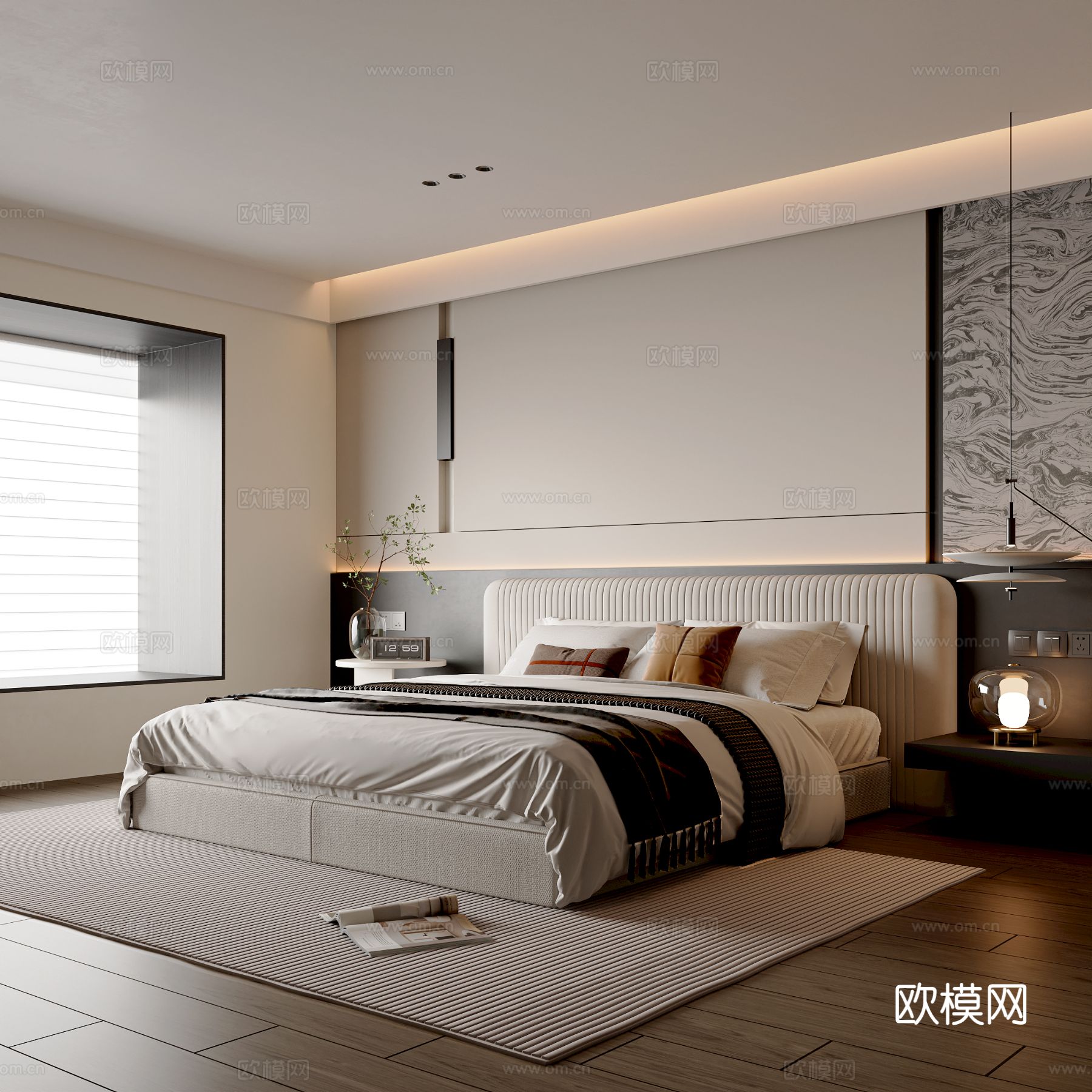 现代简约卧室 双人床 主卧床 吊灯 台灯 卧室摆件3d模型