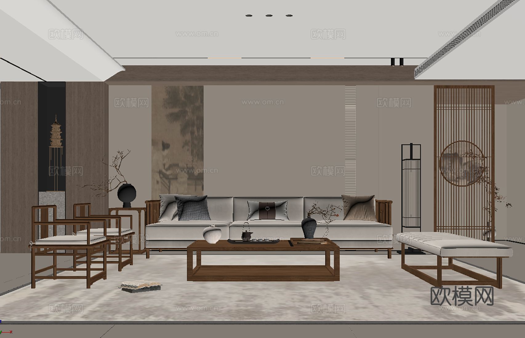 禅意新中式家居客厅 宋代美学客厅 沙发茶几组合 沙发背景墙3d模型