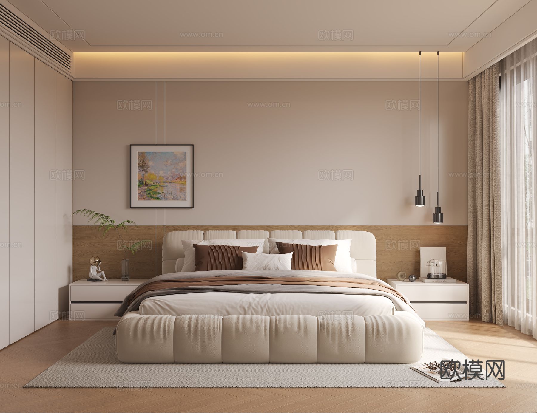 现代奶油风卧室 主卧 衣柜 布艺双人床 床头柜 吊灯 装饰画3d模型