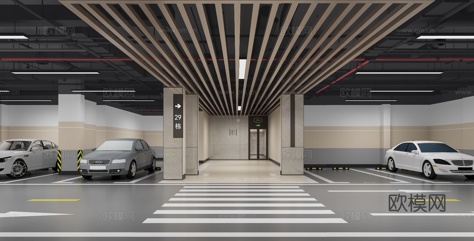 现代 停车场 地下车库3d模型下载（渲染图2）