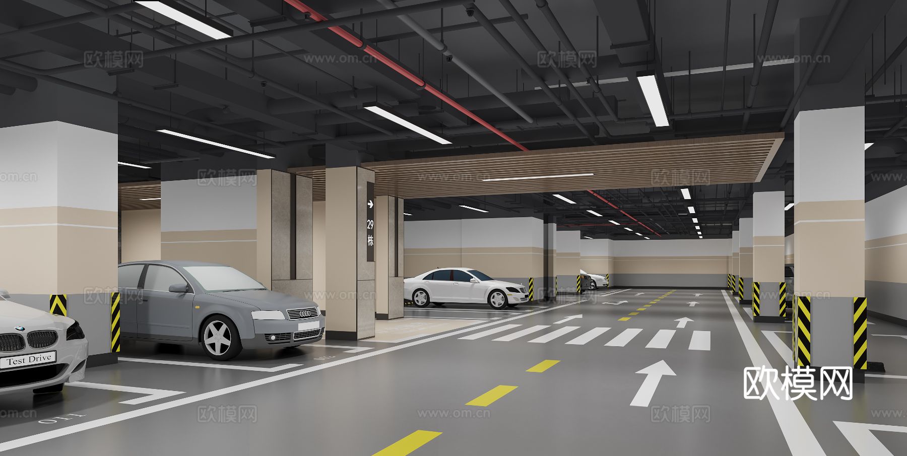 现代 停车场 地下车库3d模型下载（渲染图1）