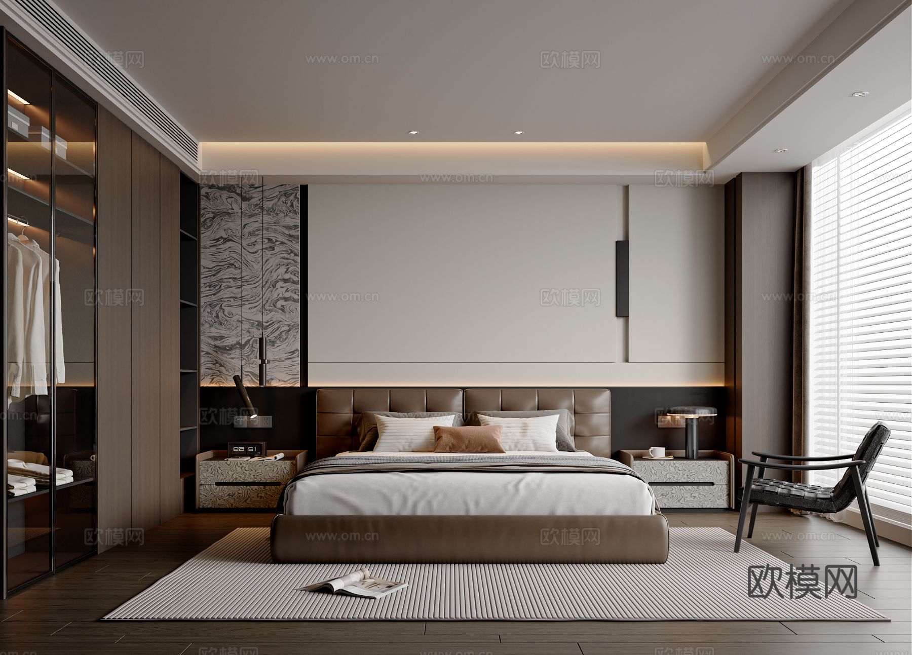 现代简约卧室 皮质双人床 休闲椅 衣柜 卧室摆件 台灯 吊灯3d模型下载