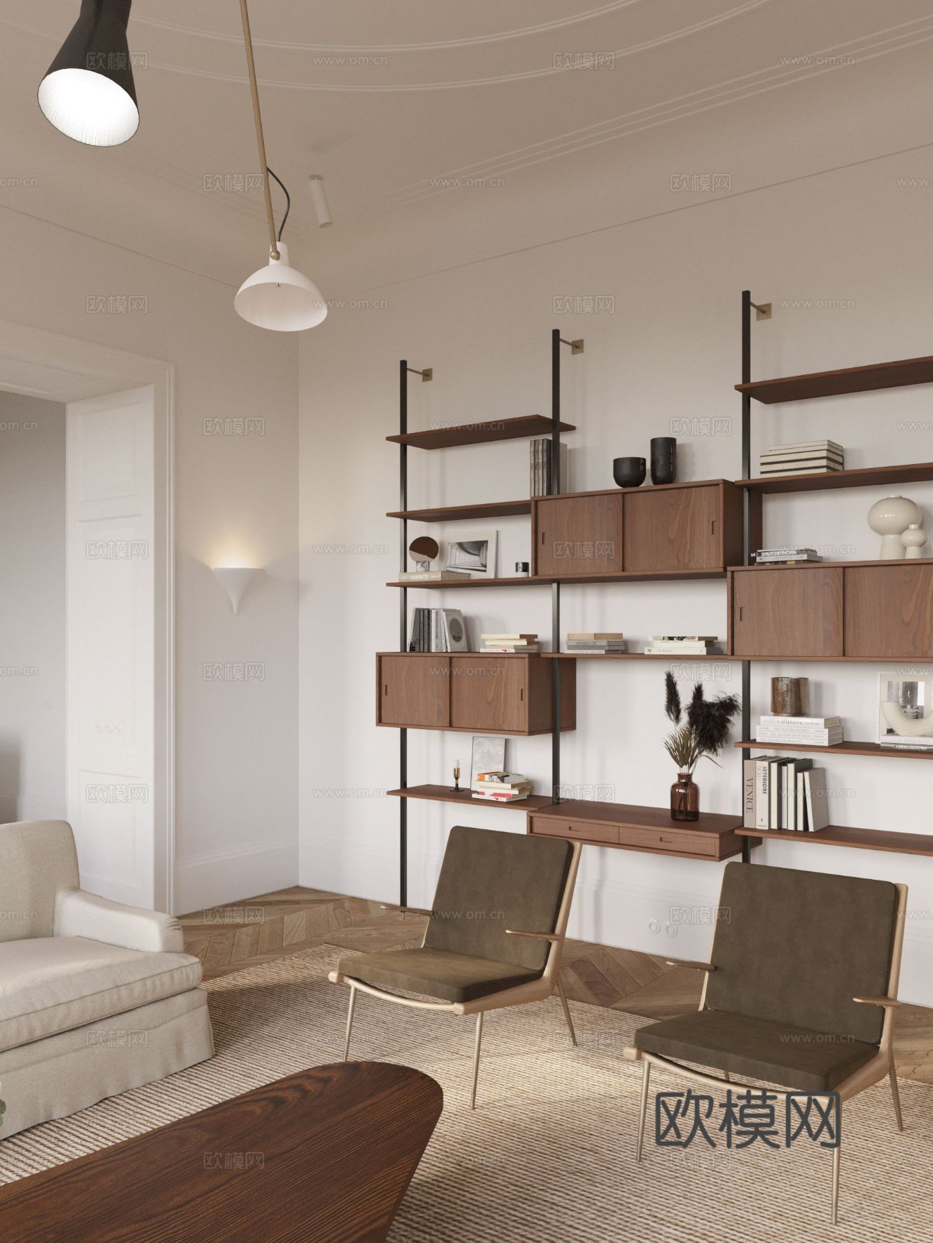 现代奶油风家装效果图客厅卧室餐厅 黑白灰极简效果图下载（渲染图3）