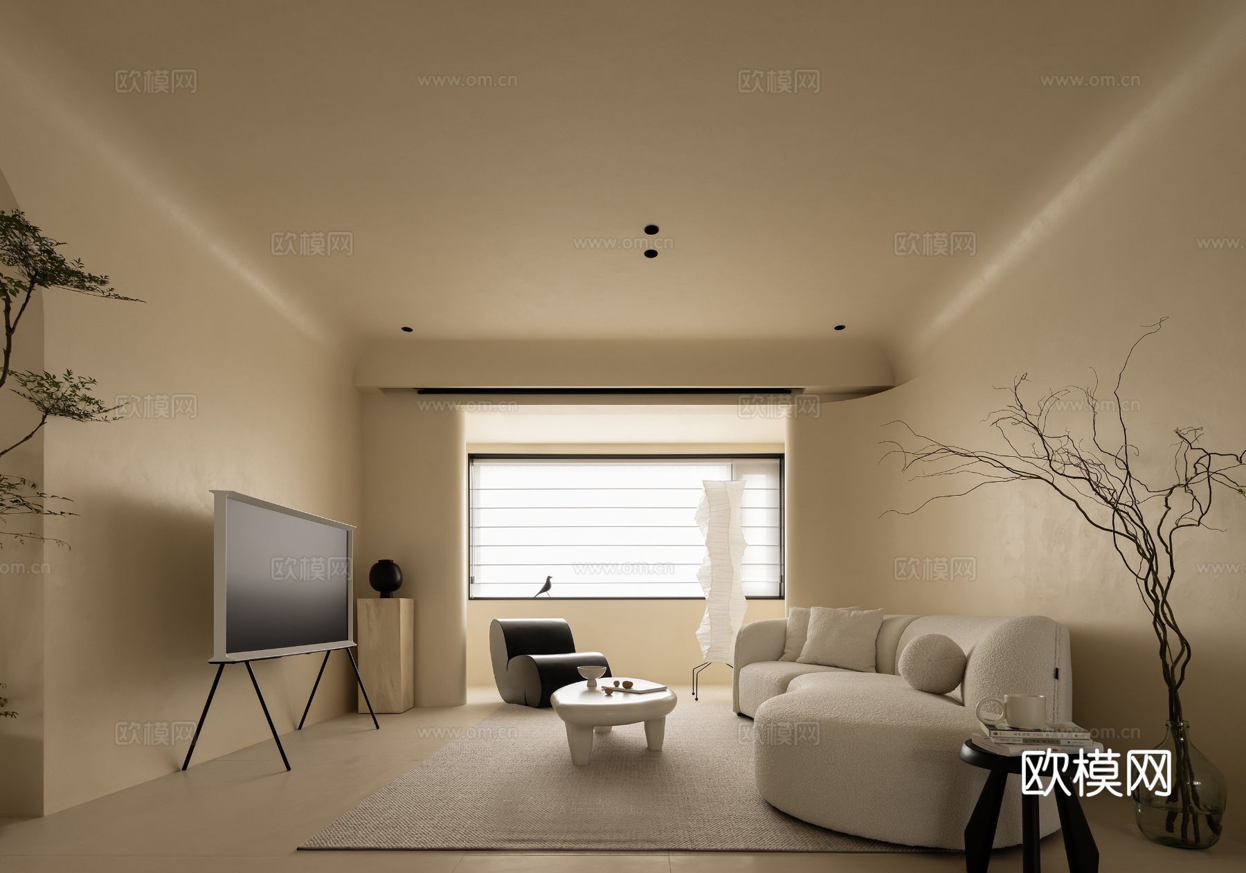 奶油风设计 客厅卧室餐厅 黑白灰 公寓效果图效果图下载（渲染图1）