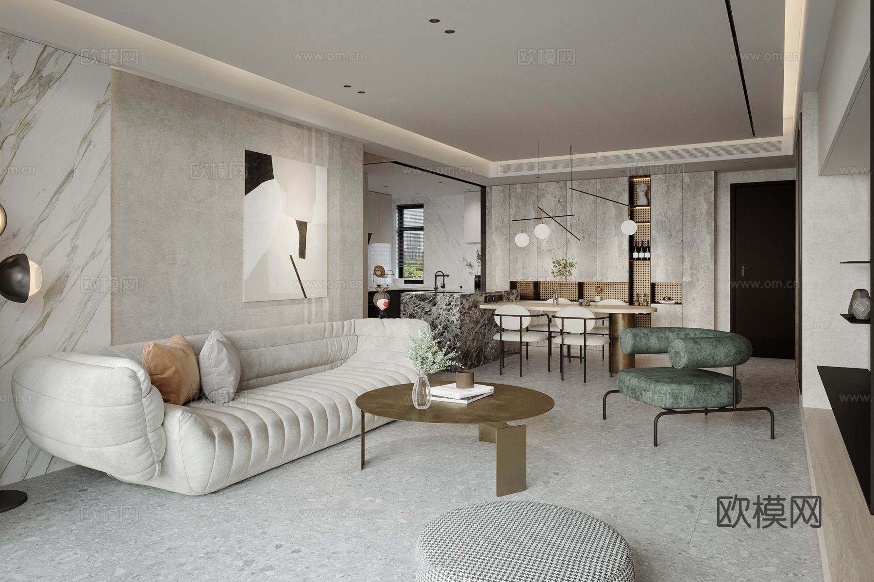 现代奶油风家装效果图客厅卧室餐厅 黑白灰极简效果图下载（渲染图1）