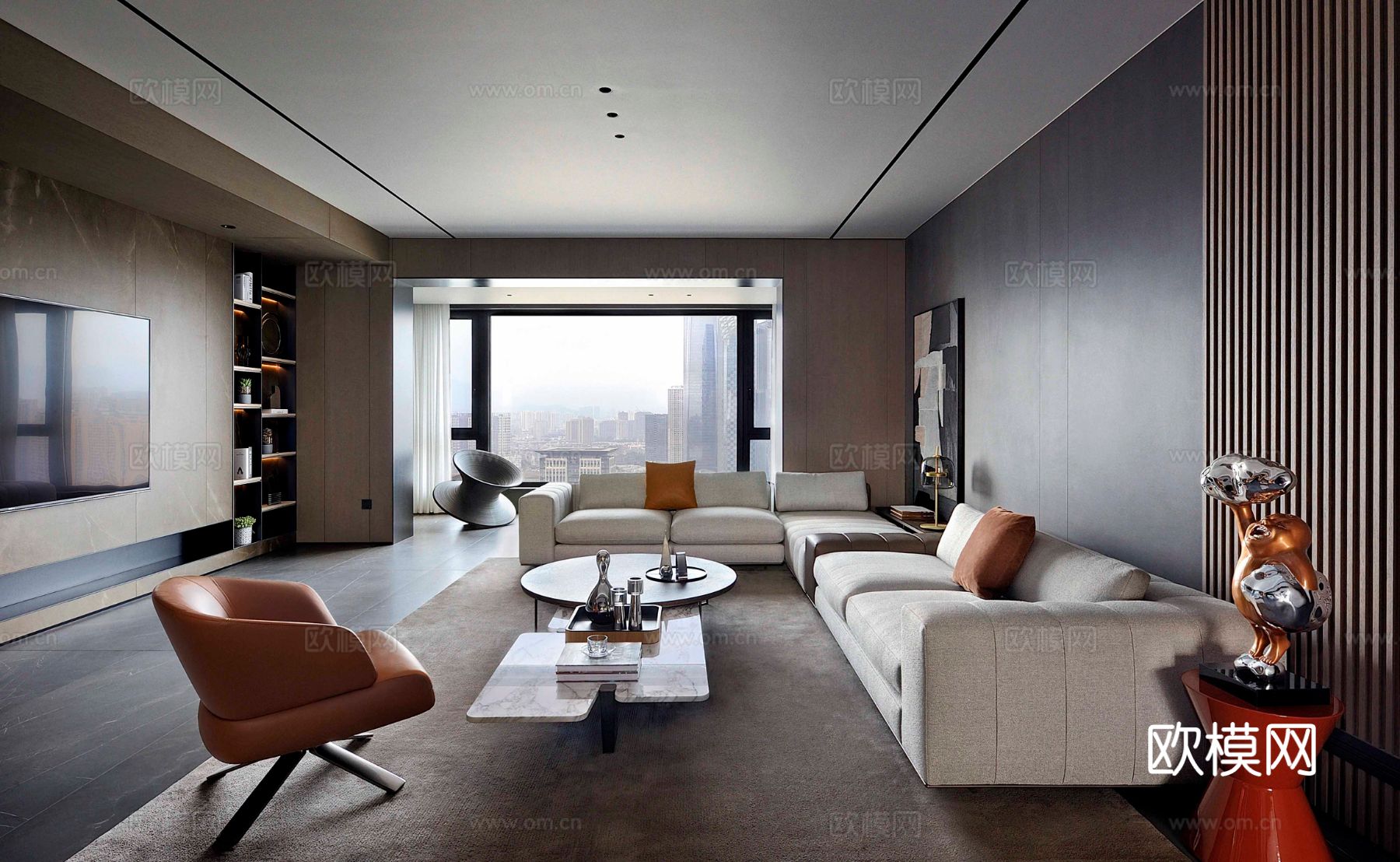 现代330m²大平层家装效果图客厅卧室餐厅 黑白灰极简效果图下载（渲染图6）