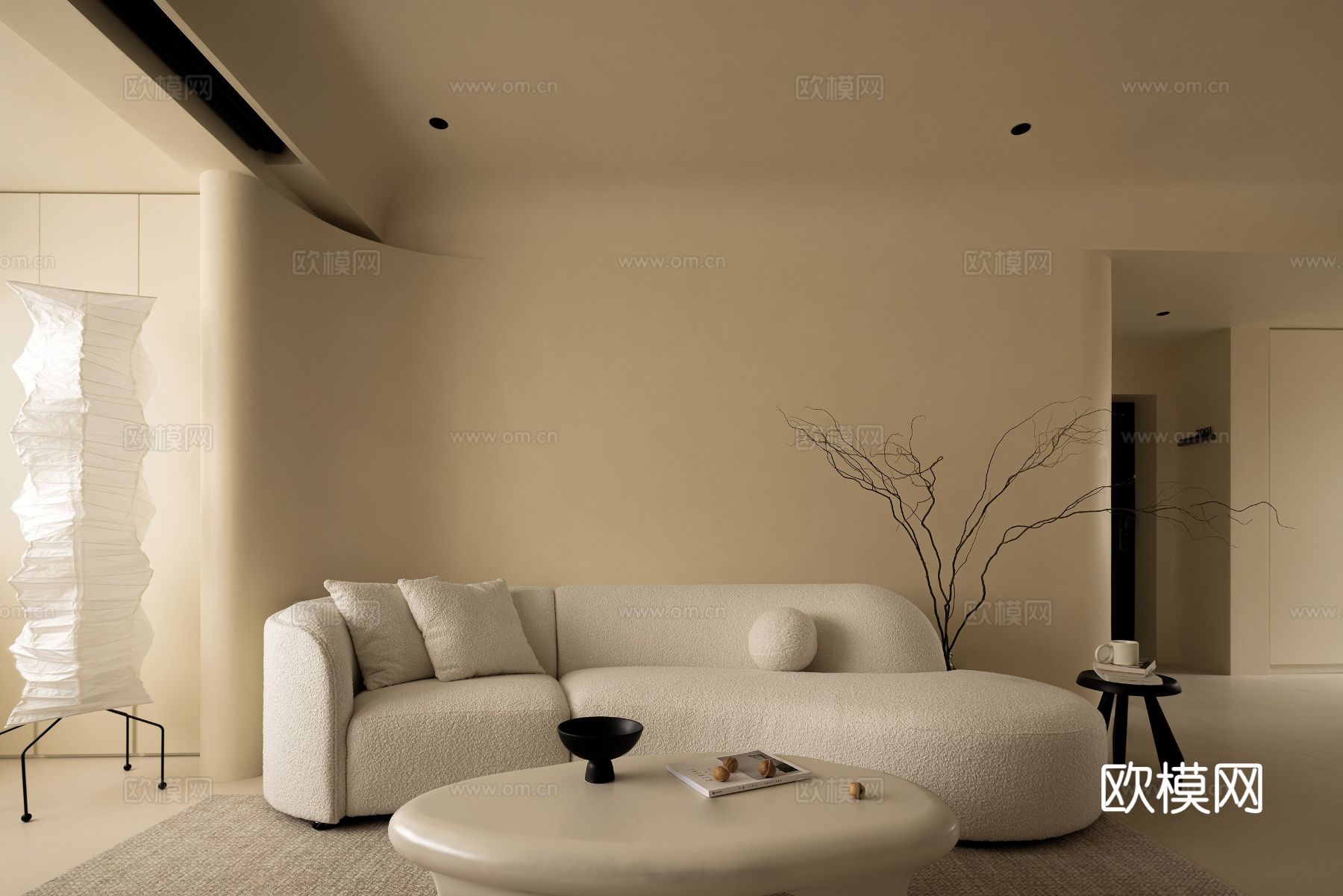 奶油风设计 客厅卧室餐厅 黑白灰 公寓效果图效果图下载（渲染图2）