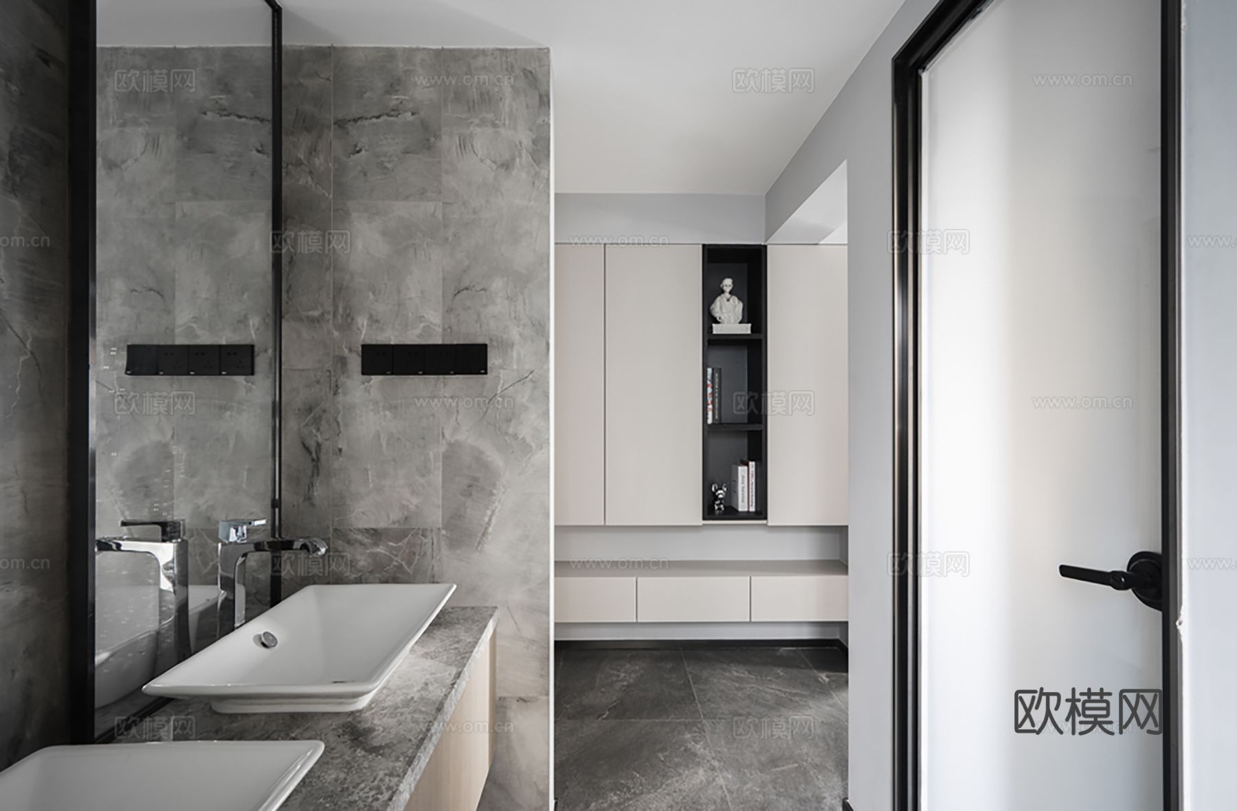 现代家装效果图客厅卧室餐厅黑白灰效果图下载（渲染图8）