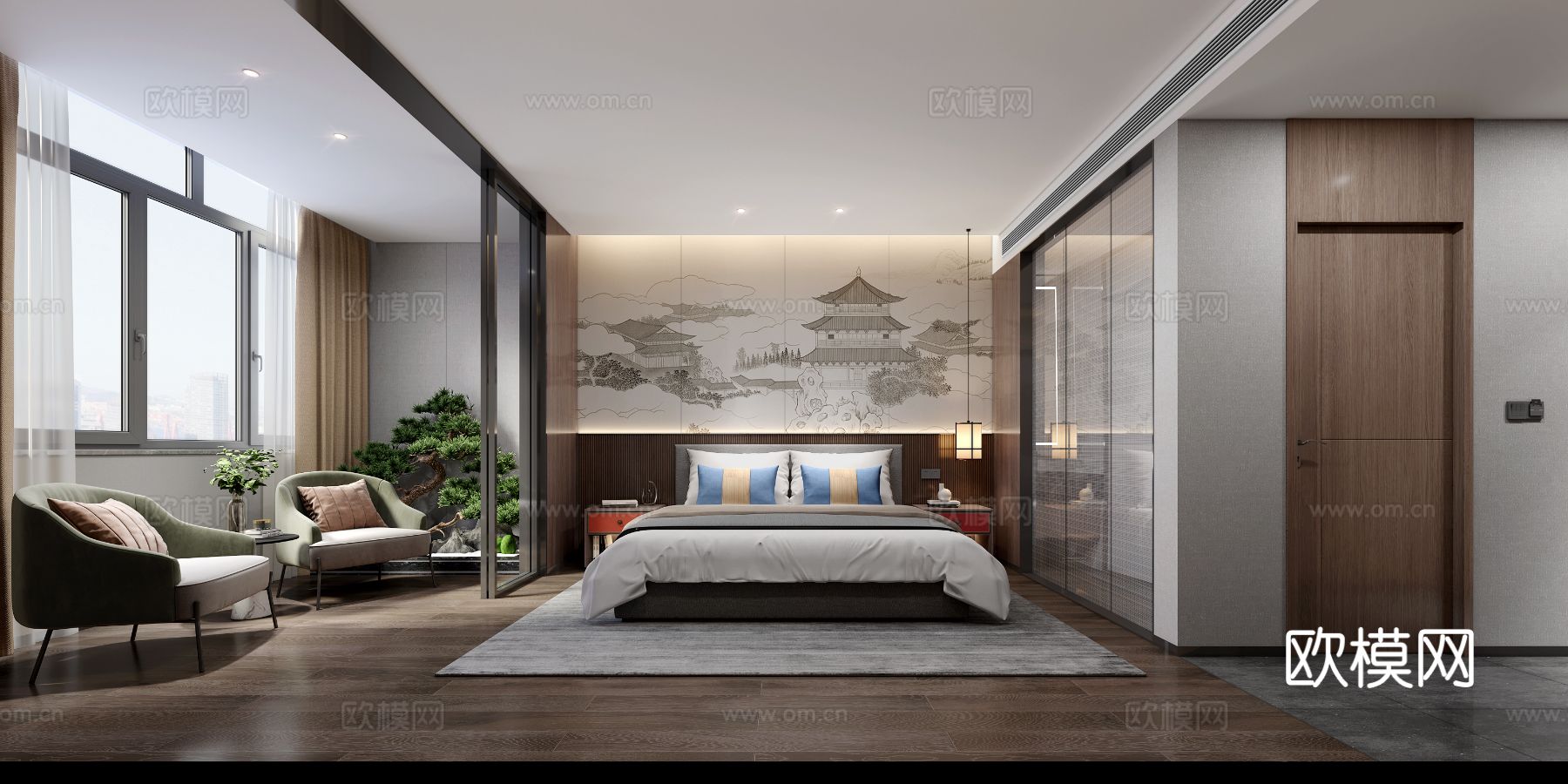 新中式酒店空间装修效果图下载（渲染图1）