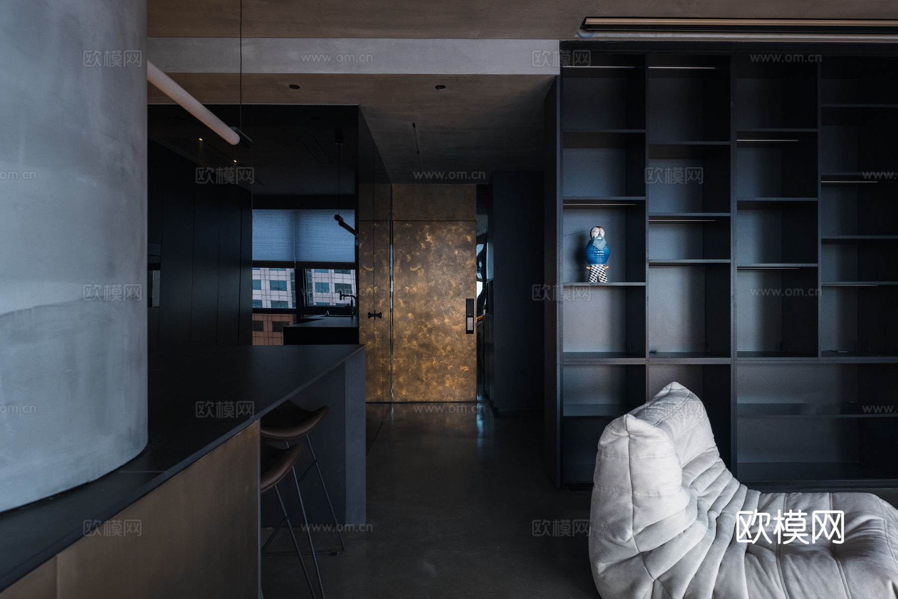 现代家装效果图客厅卧室餐厅 黑白灰极简效果图下载（渲染图2）