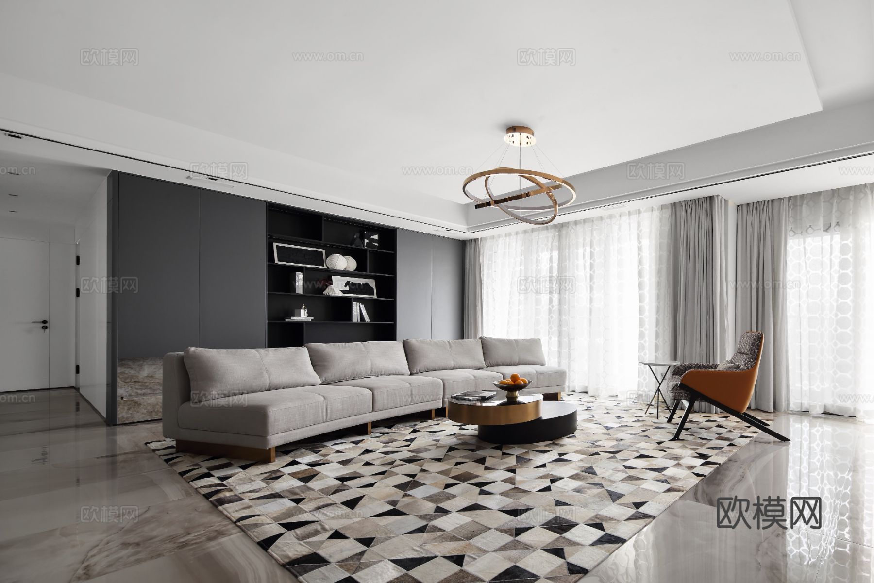 现代家装效果图 客厅卧室餐厅 高级黑自灰效果图下载（渲染图3）
