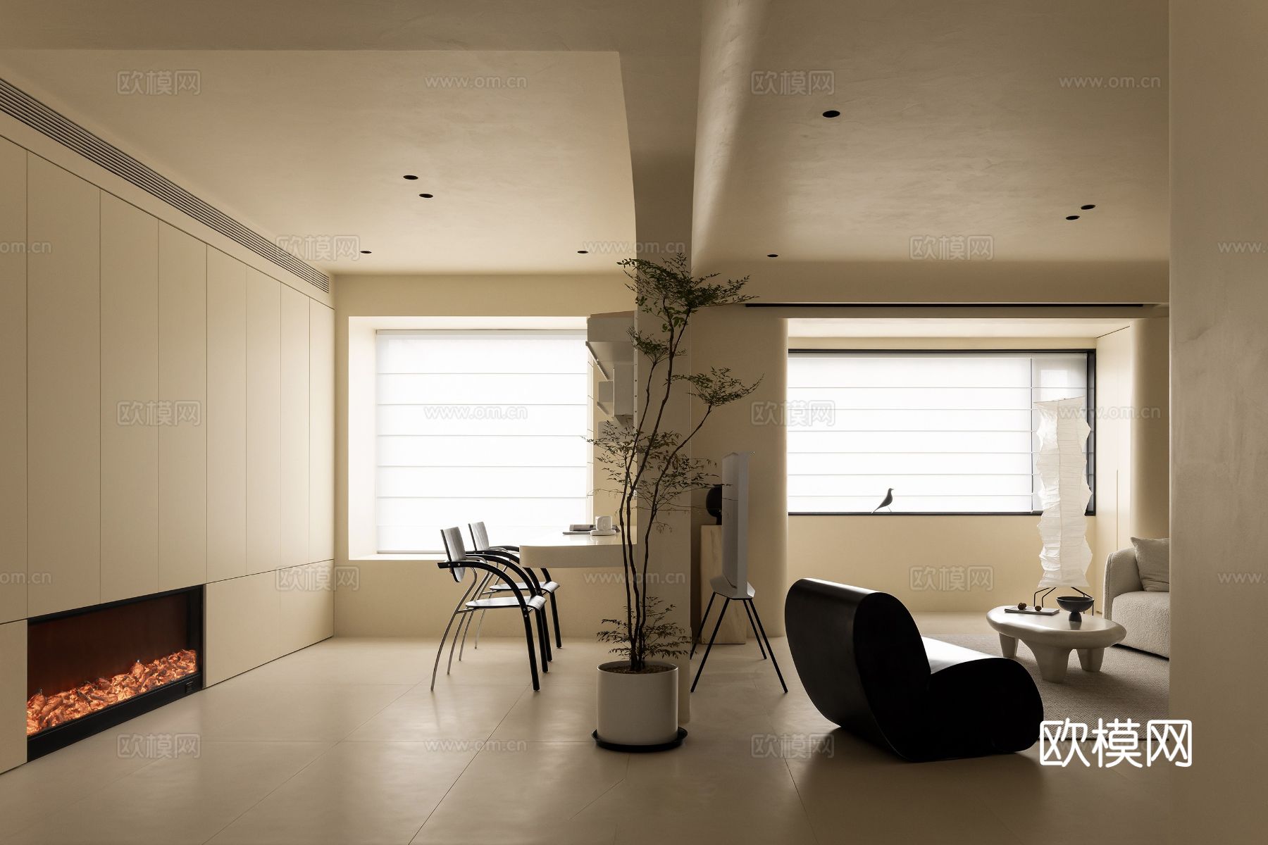 奶油风设计 客厅卧室餐厅 黑白灰 公寓效果图效果图下载（渲染图13）