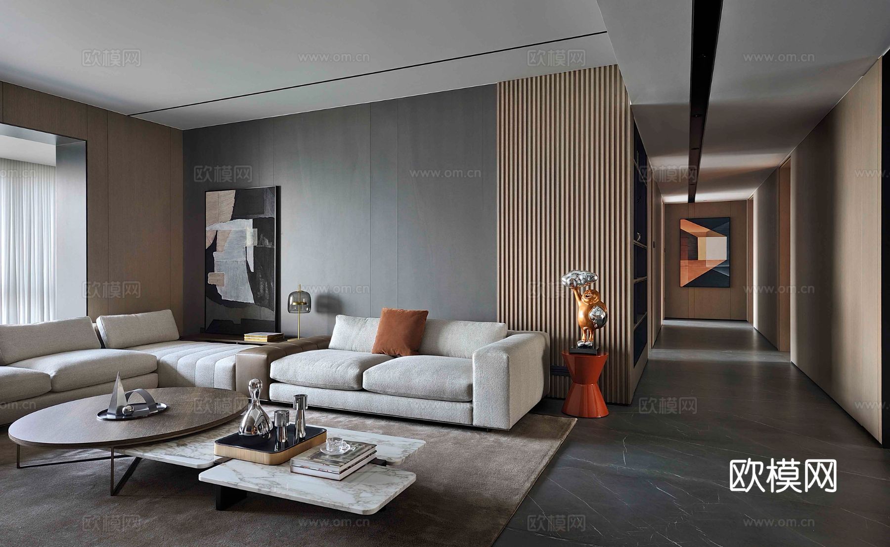 现代330m²大平层家装效果图客厅卧室餐厅 黑白灰极简效果图下载（渲染图1）