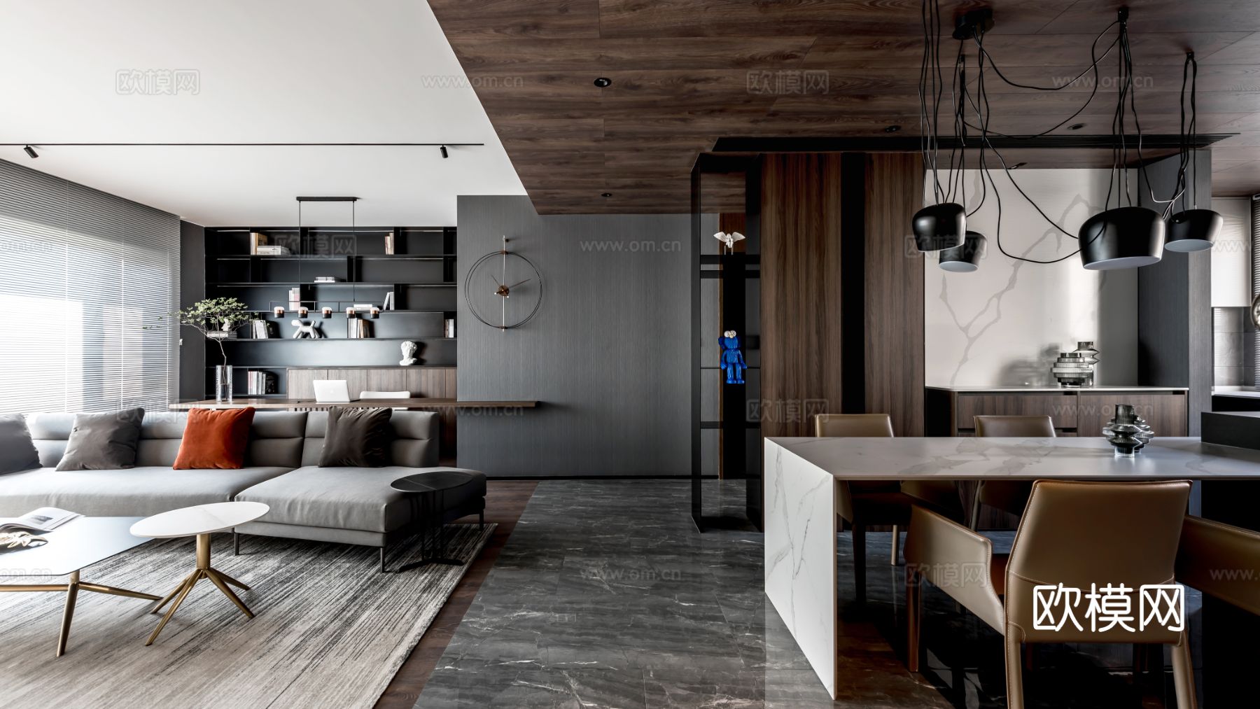 现代家装效果图 客厅卧室餐厅 高级黑白灰效果图下载（渲染图1）