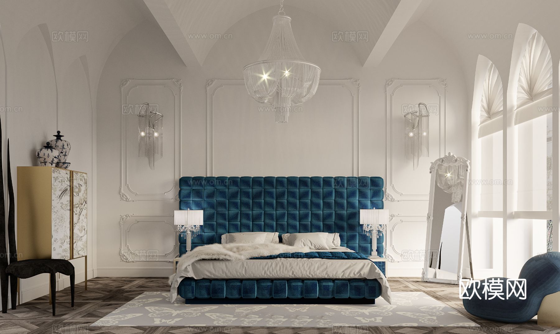 现代奶油风家装效果图客厅卧室餐厅 黑白灰极简效果图下载（渲染图3）