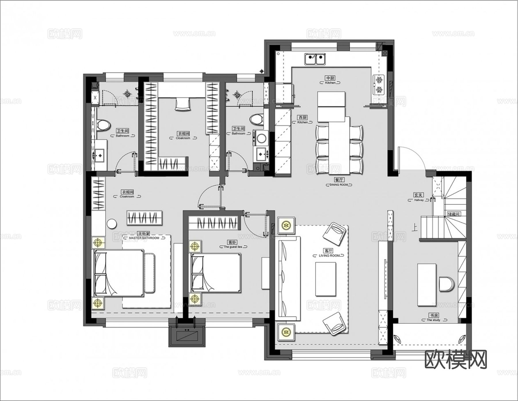 现代家装效果图客厅卧室餐厅 黑白灰极简效果图下载（渲染图9）