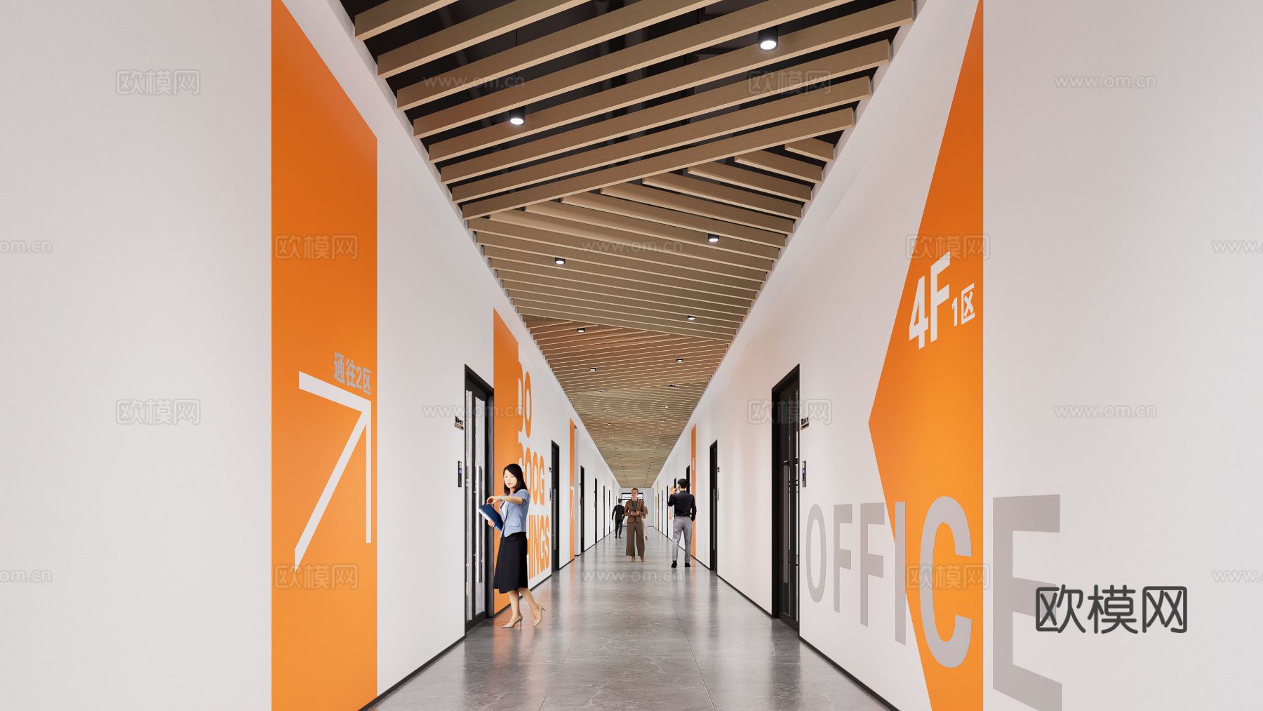 现代办公走廊效果图下载（渲染图1）