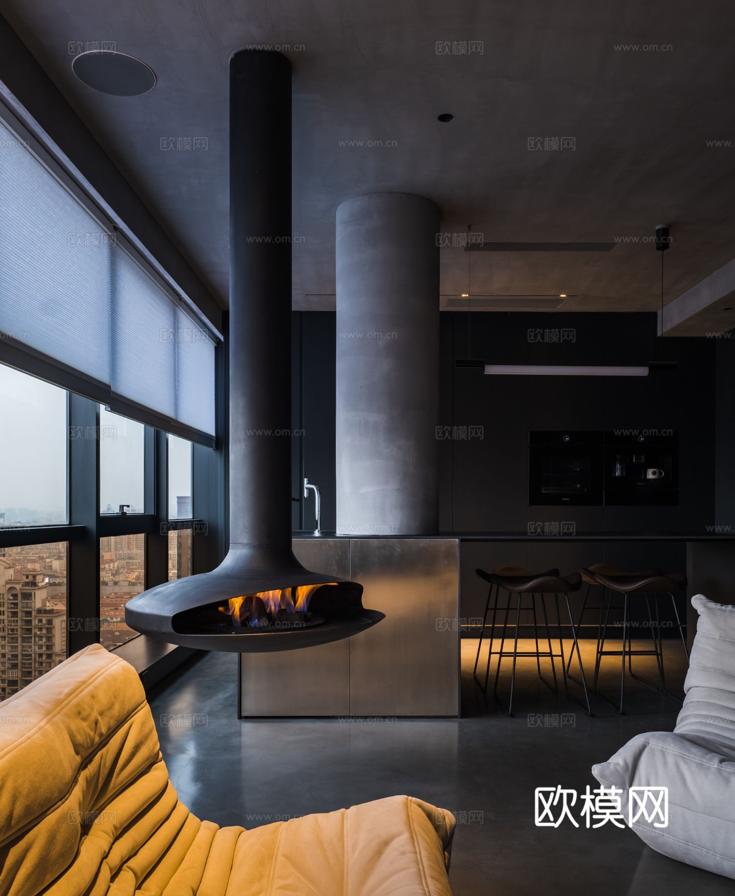 现代家装效果图客厅卧室餐厅 黑白灰极简效果图下载（渲染图11）