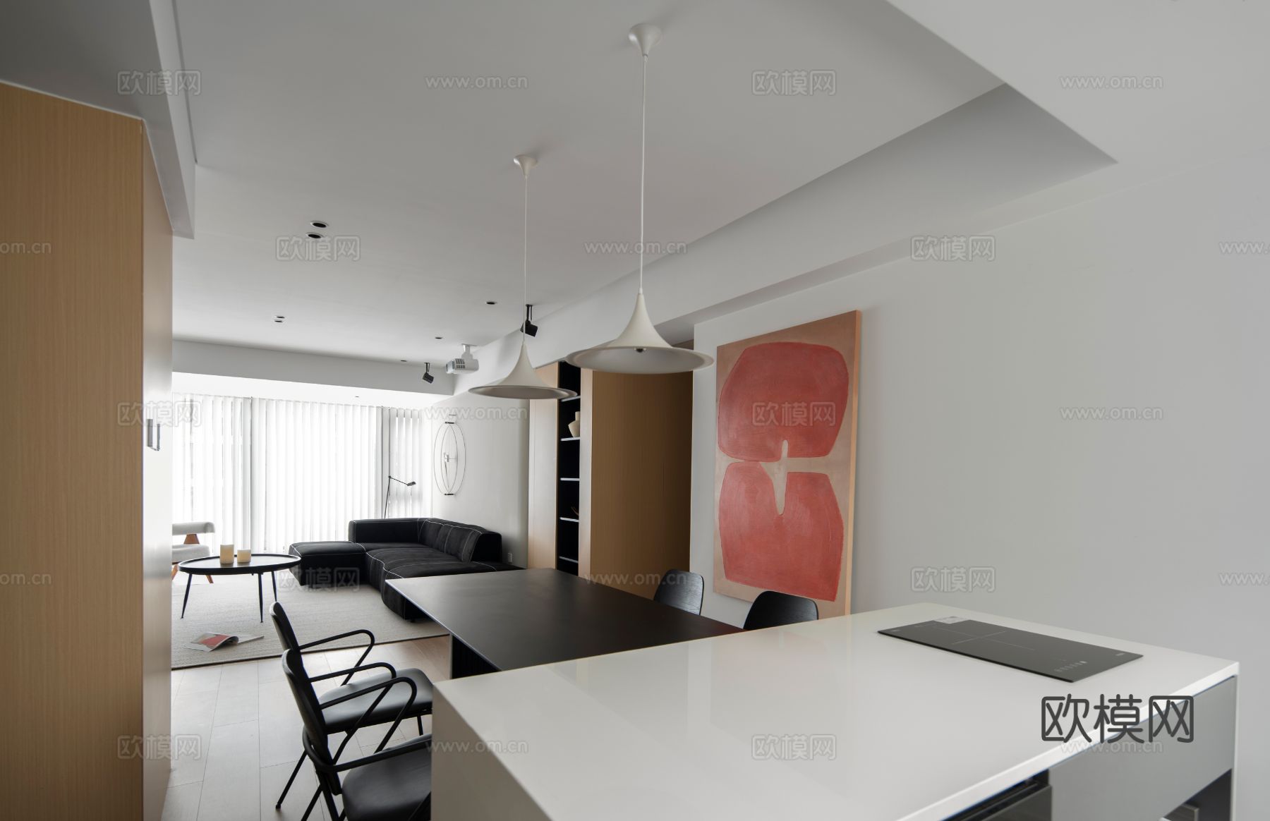 现代家装效果图客厅卧室餐厅 黑白灰极简效果图下载（渲染图6）