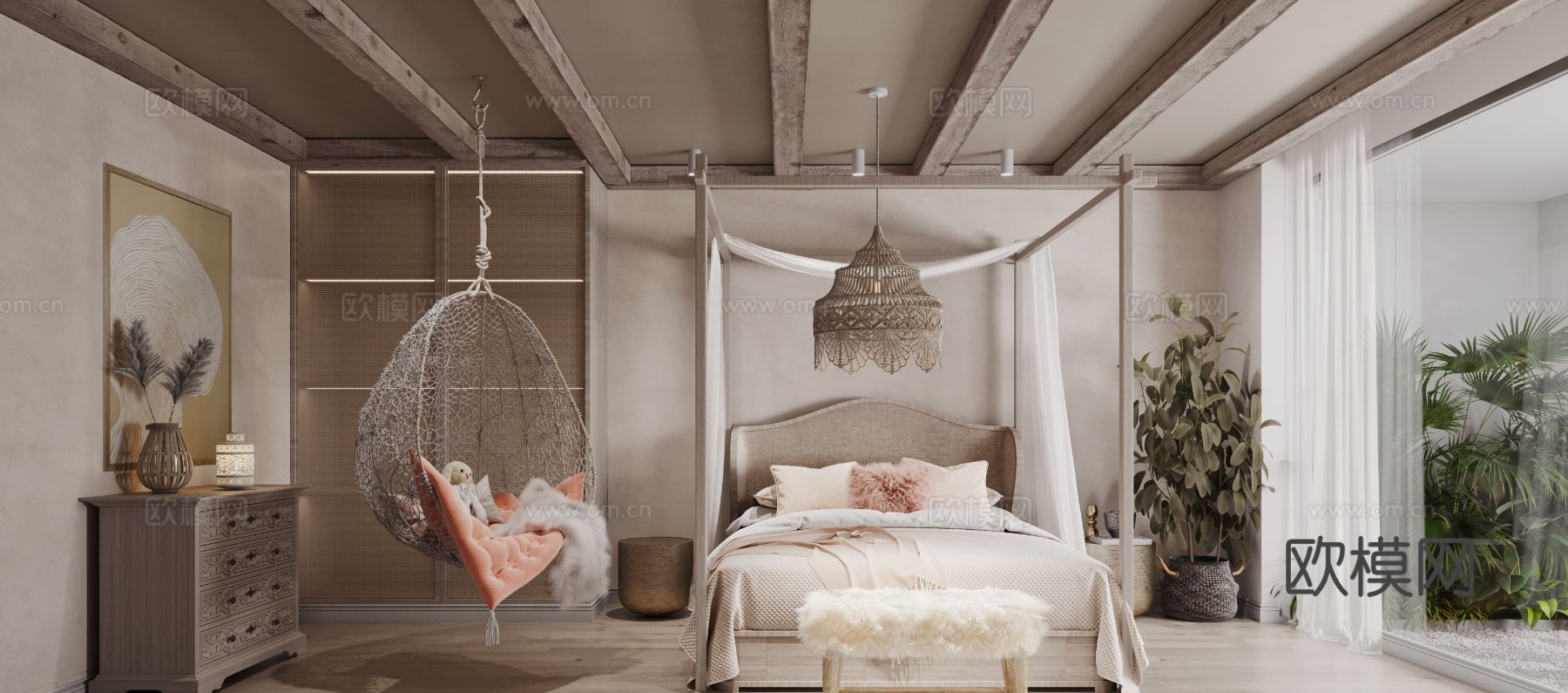 现代奶油风家装效果图客厅卧室餐厅 黑白灰极简效果图下载（渲染图18）