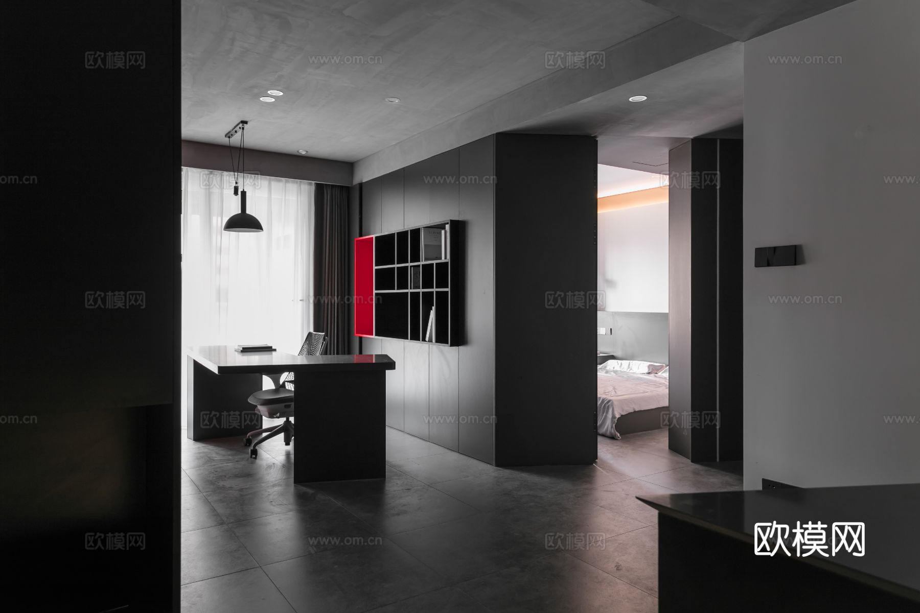 现代家装效果图客厅卧室餐厅 黑白灰极简效果图下载（渲染图13）
